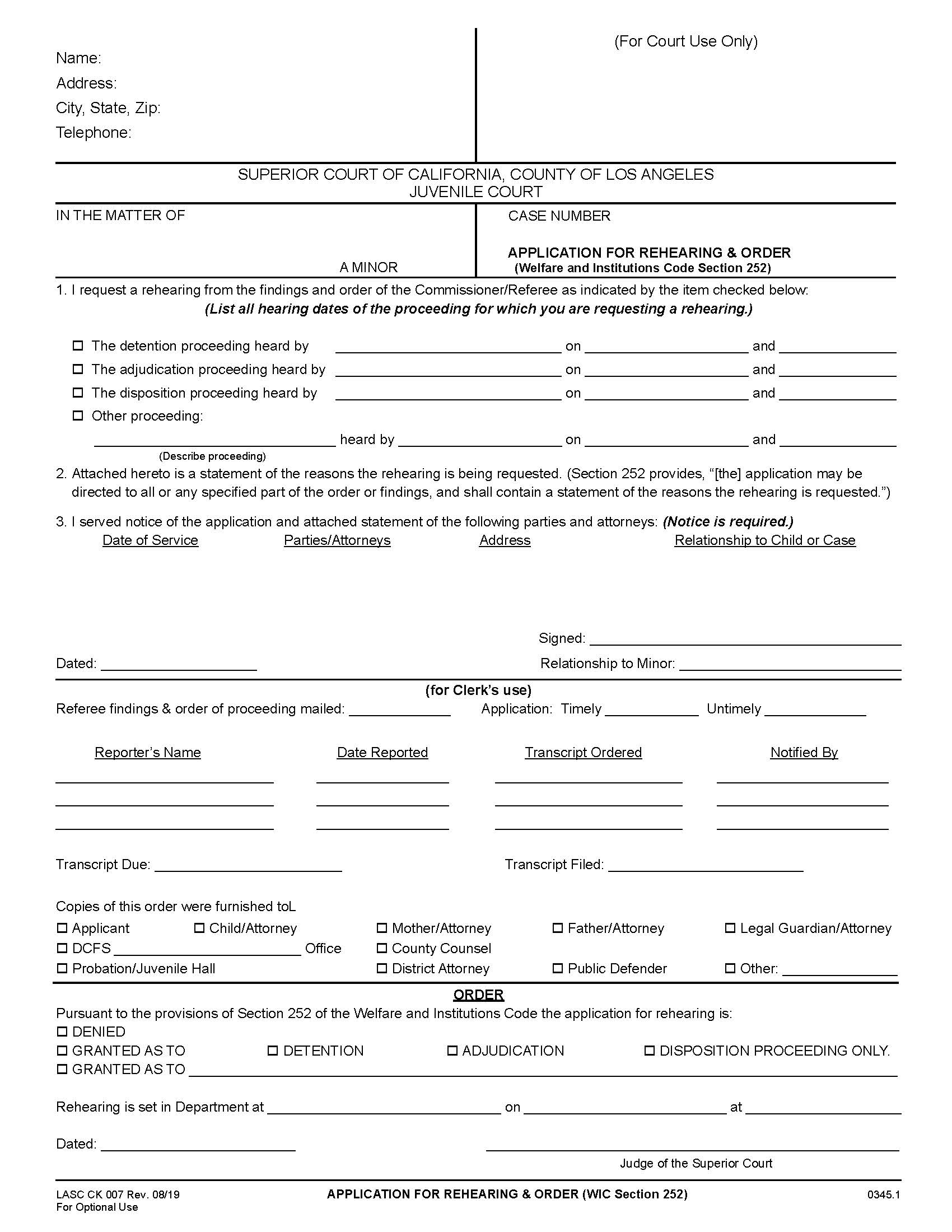 Application For Rehearing And Order (WIC Section 252) {CK007} | Pdf Fpdf Docx | California