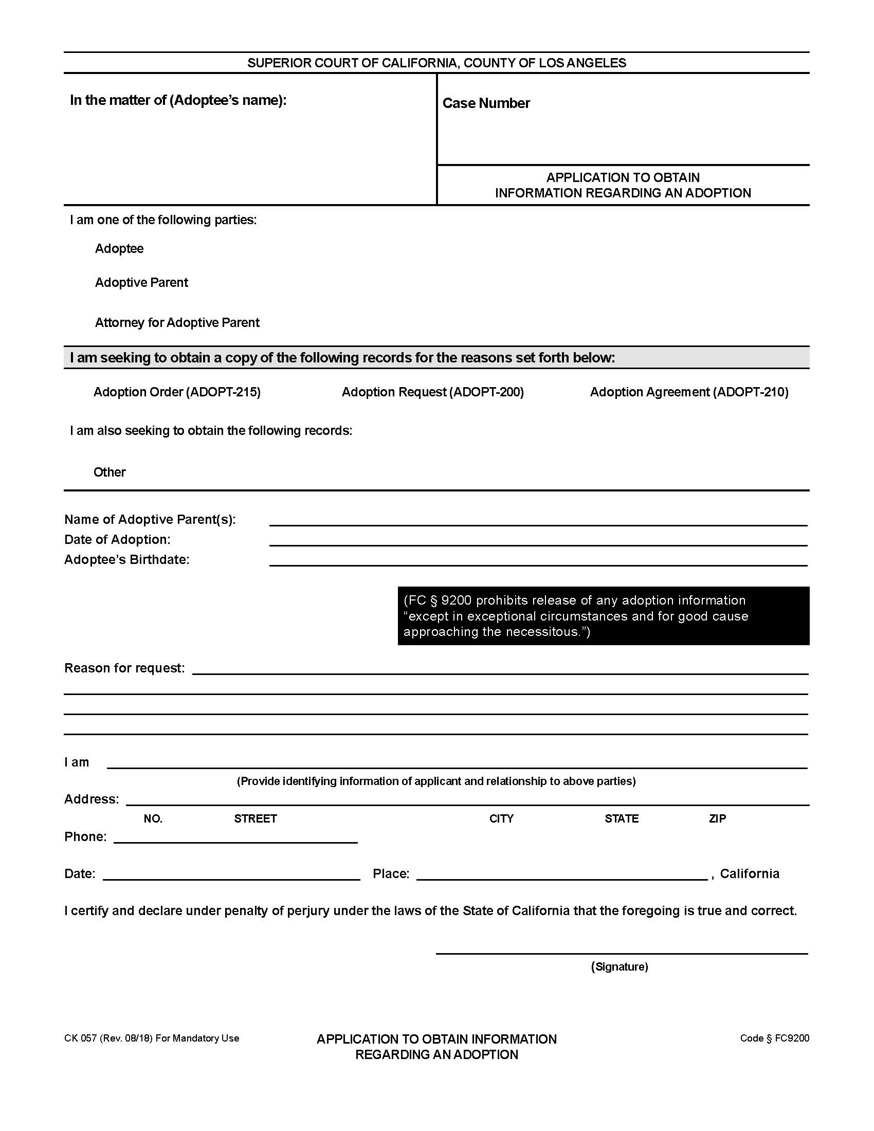 Application To Obtain Information Regarding An Adoption {CK057} | Pdf Fpdf Docx | California