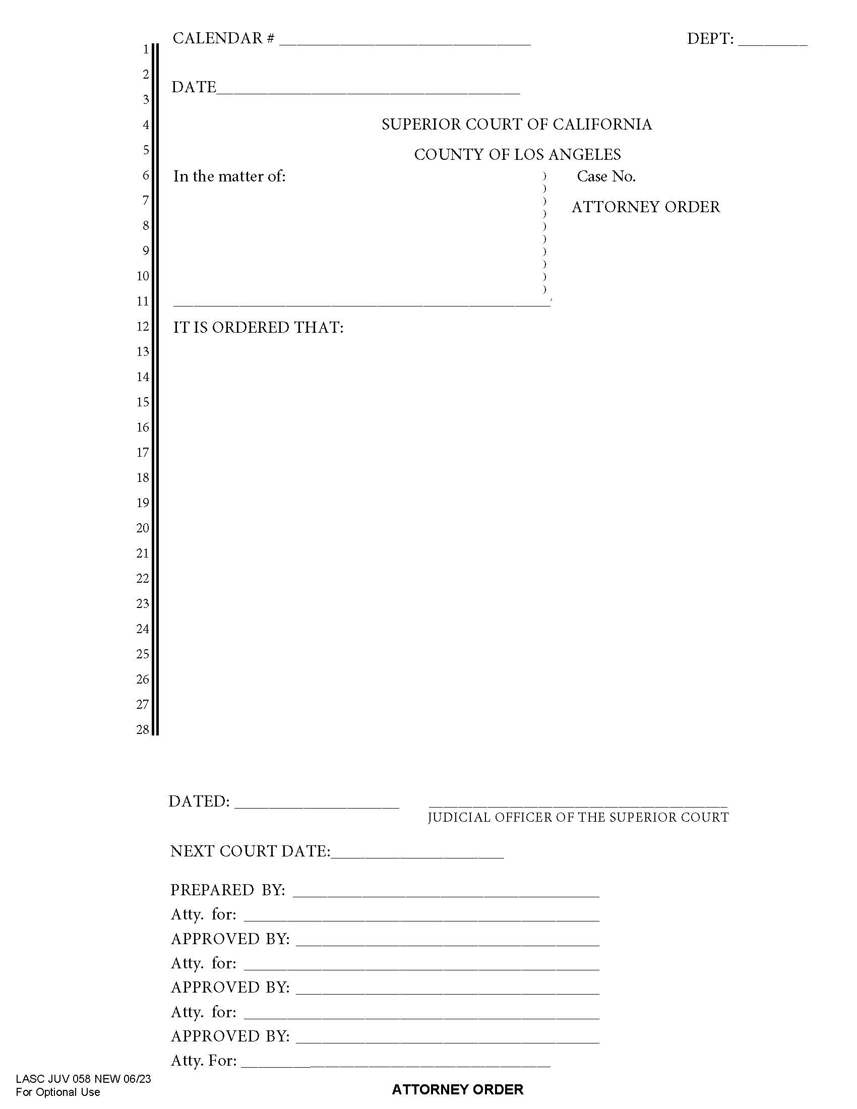 Attorney Order {JUV058} | Pdf Fpdf Docx | California