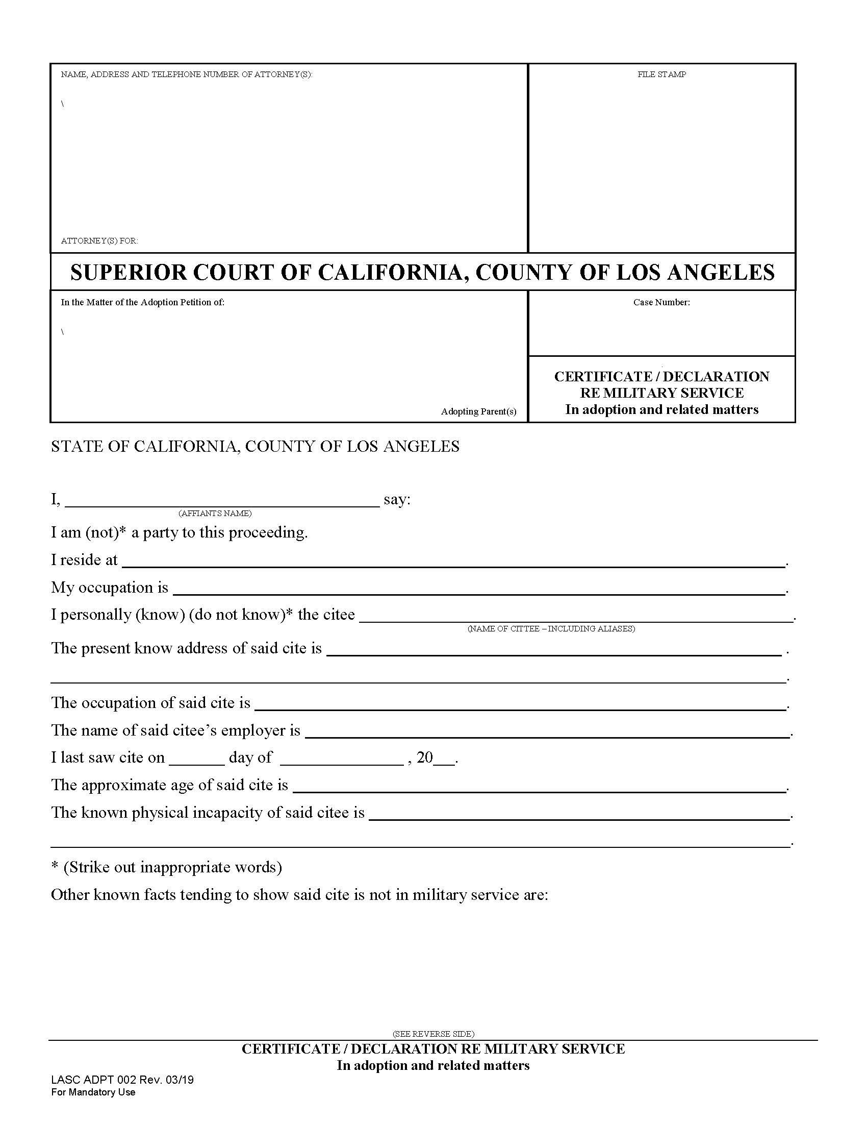 Certificate-Declaration Re Military Service {ADPT002} | Pdf Fpdf Docx | California