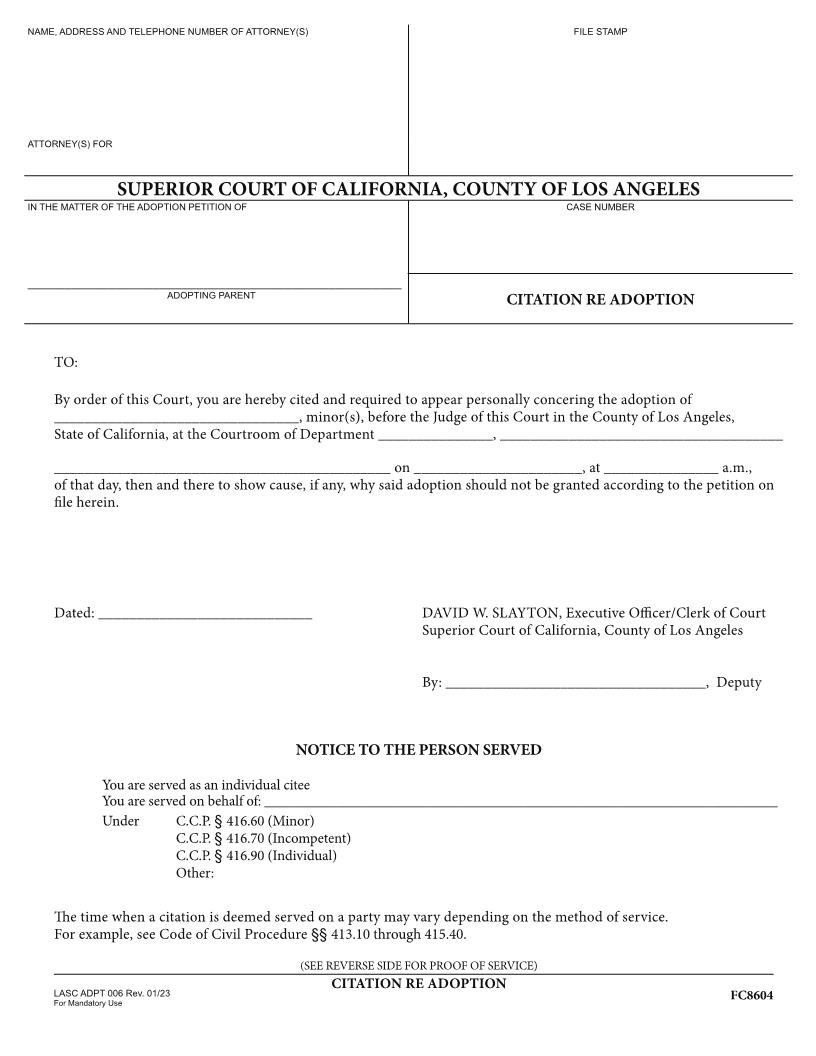 Citation Re Adoption {ADPT006} | Pdf Fpdf Docx | California