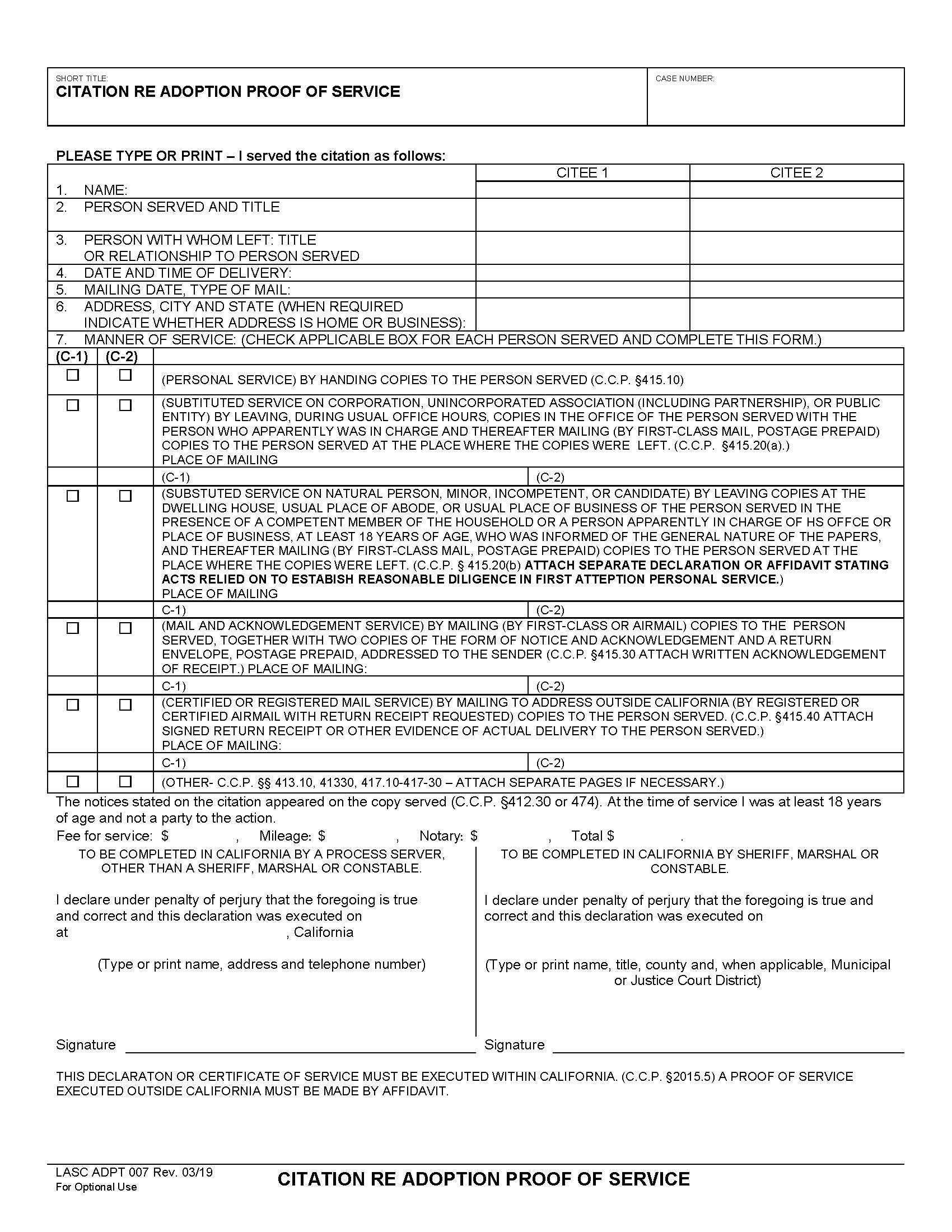 Citation Re Adoption Proof Of Service {ADPT007} | Pdf Fpdf Docx | California