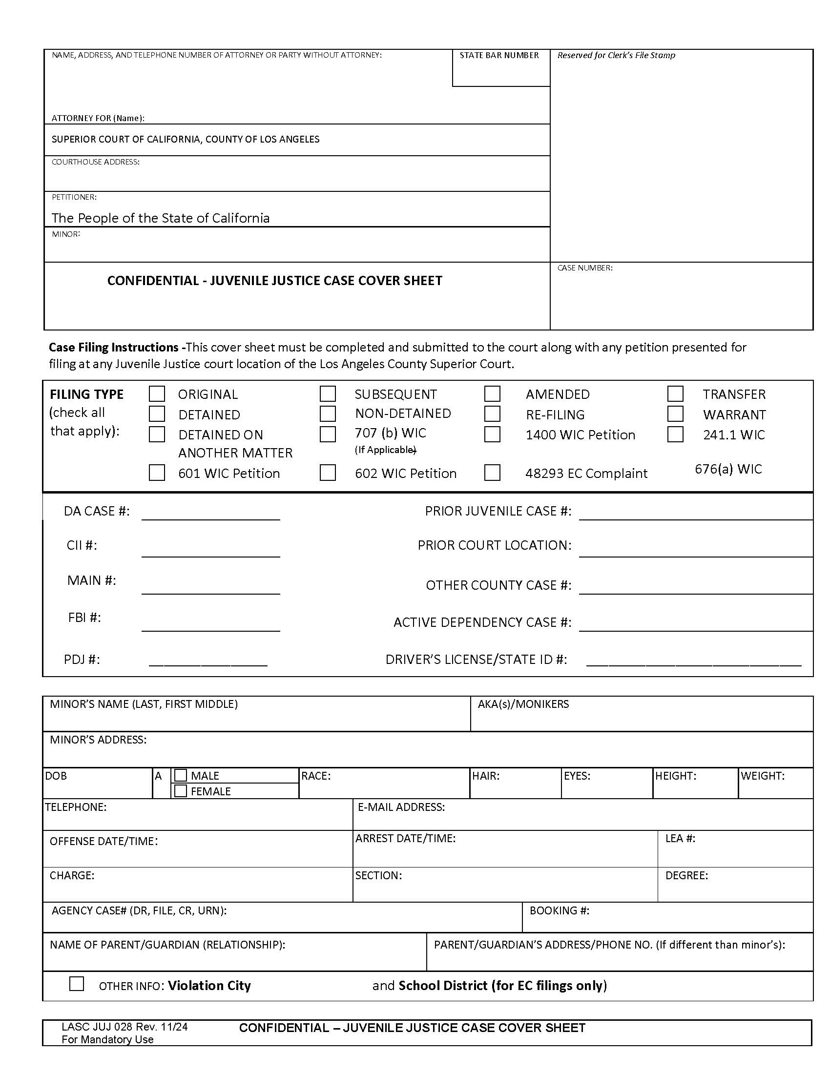 Confidential-Juvenile Case Cover Sheet {JUJ028} | Pdf Fpdf Docx | California