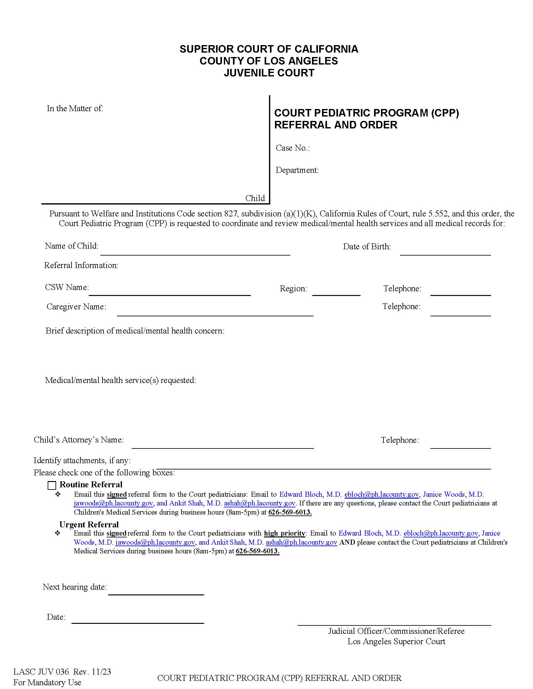 Coordinated Health Services Referral And Order {JUV036} | Pdf Fpdf Docx | California