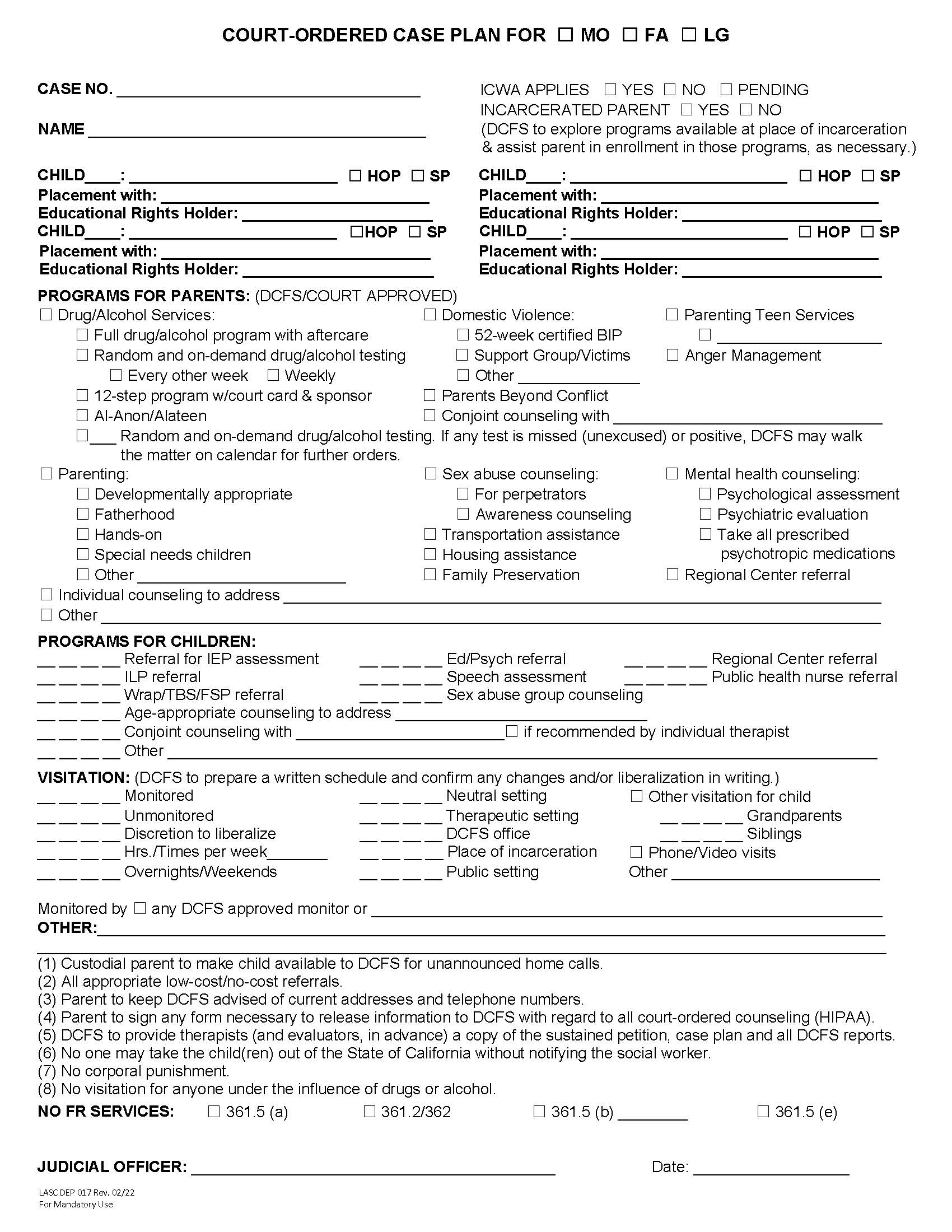Court Ordered Case Plan {DEP017} | Pdf Fpdf Docx | California