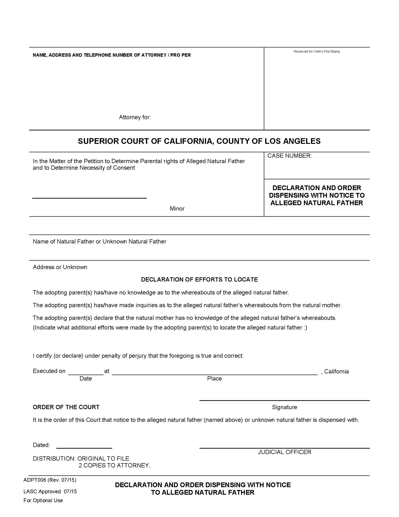 Declaration And Order Dispensing With Notice To Alleged Natural Father {ADPT008} | Pdf Fpdf Doc Docx | California