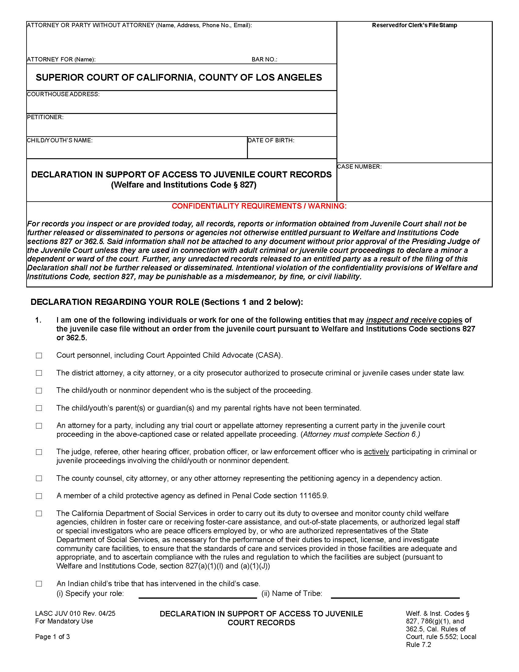 Declaration In Support Of Access To Juvenile Records {JUV010} | Pdf Fpdf Docx | California