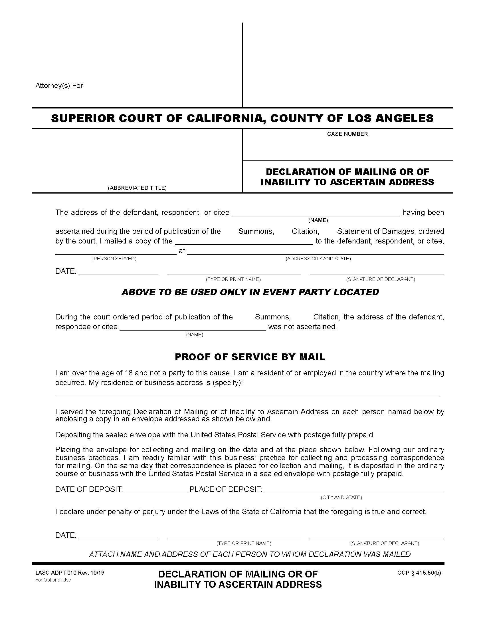 Declaration Of Mailing Or Of Inability To Ascertain Address {ADPT010} | Pdf Fpdf Docx | California