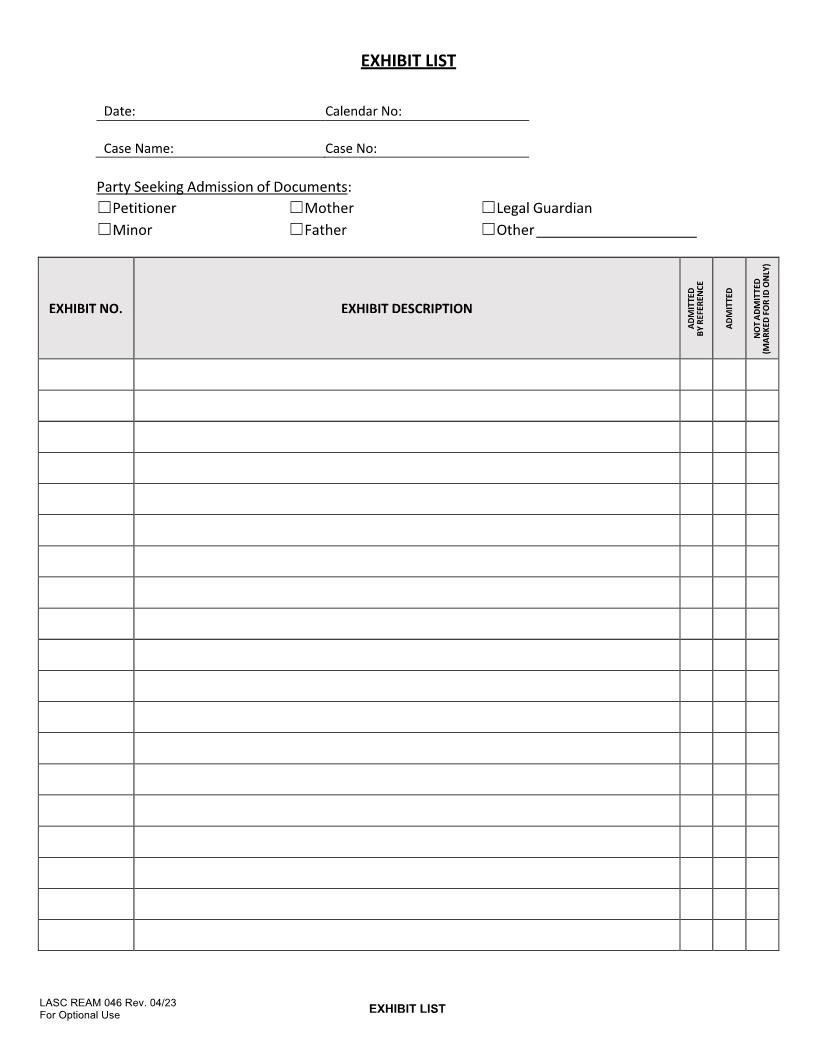 Exhibit List (Juvenile) {REAM046} | Pdf Fpdf Docx | California