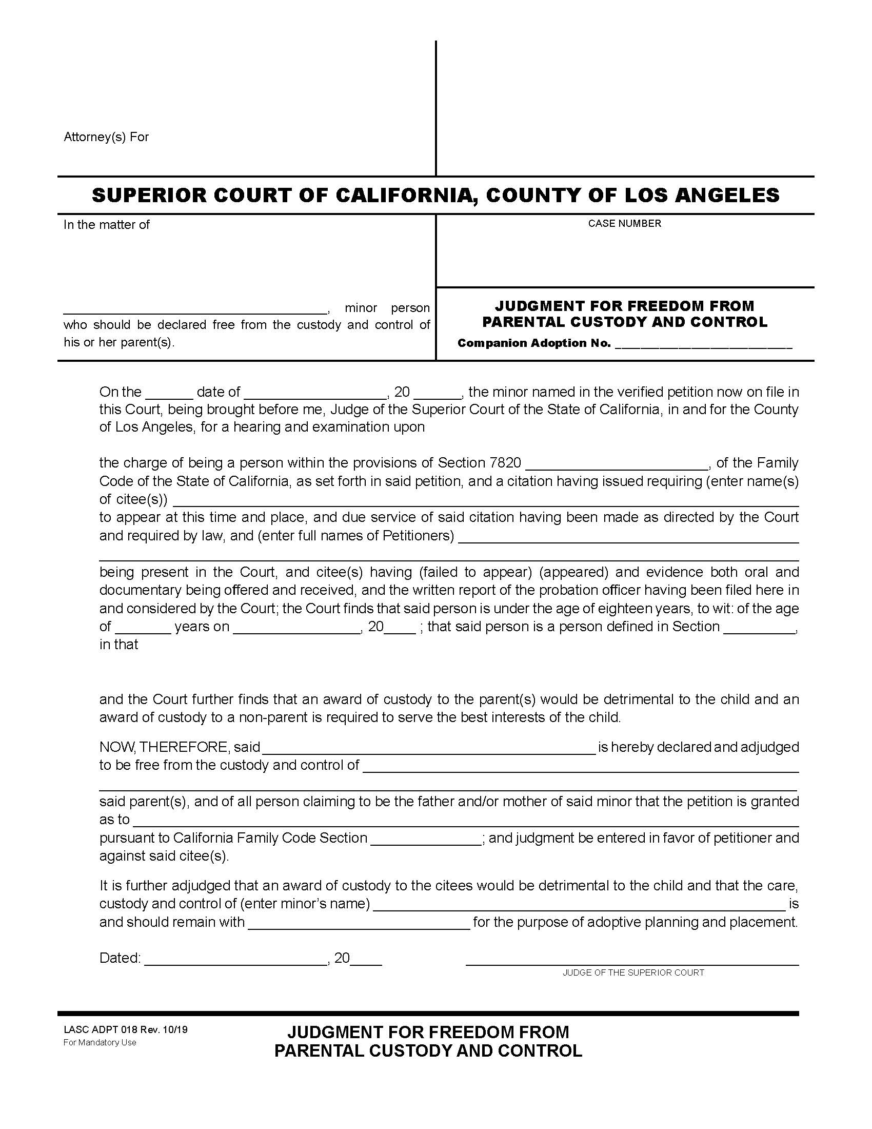 Judgment For Freedom From Parental Custody And Control {ADPT018} | Pdf Fpdf Docx | California