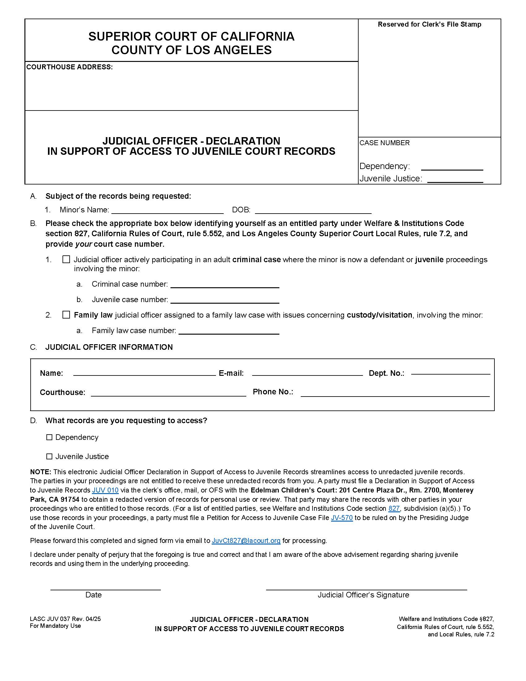 Judicial Officer-Declaration In Support Of Acess To Juvenile Court Records {LASC JUV 037} | Pdf Fpdf Docx | California