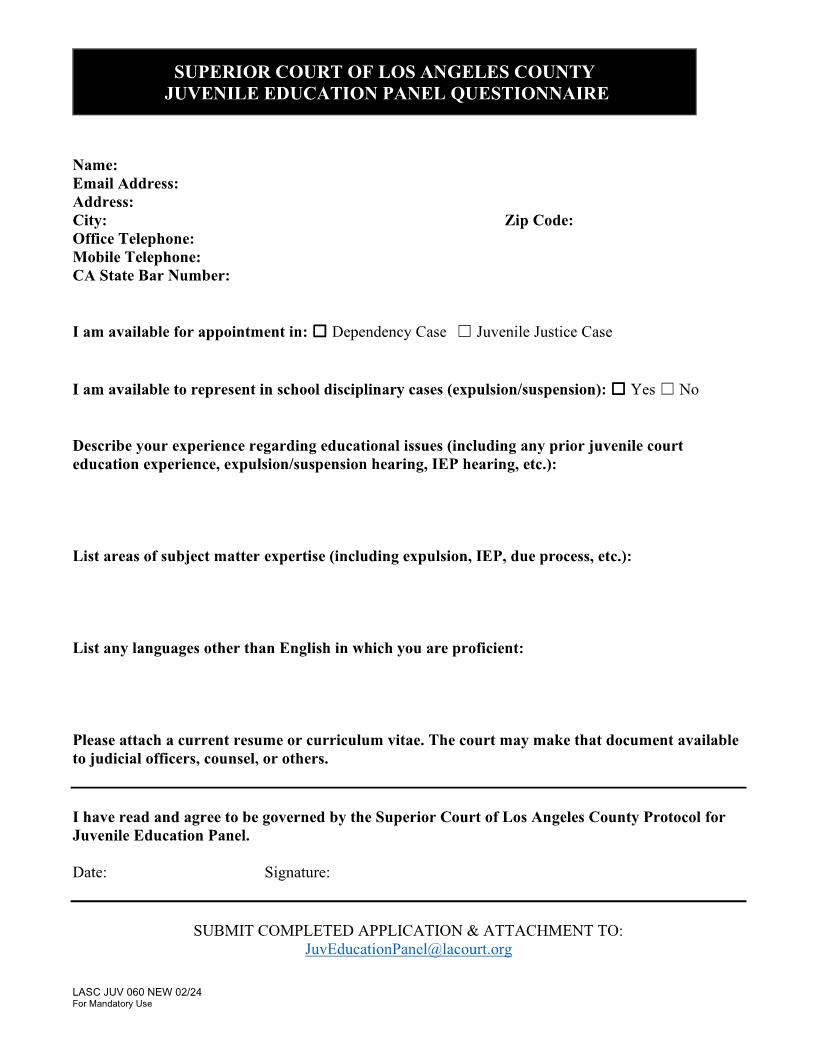 Juvenile Education Panel Questionnaire {JUV060} | Pdf Fpdf Docx | California