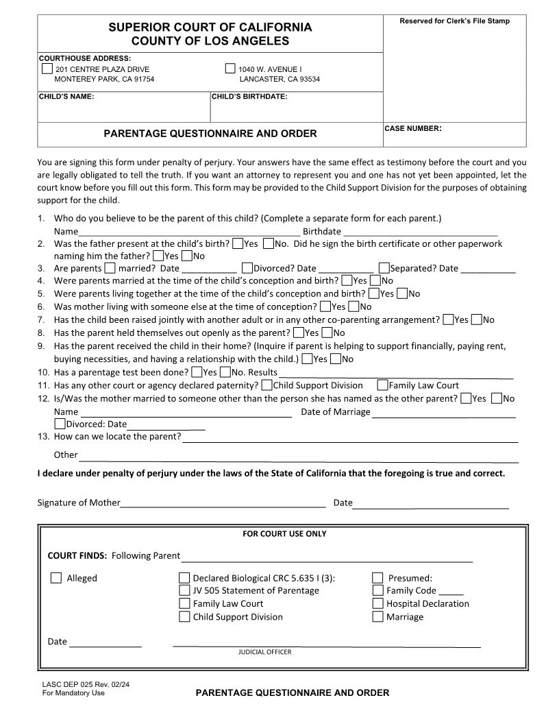 Juvenile Parentage Questionnaire And Order {DEP025} | Pdf Fpdf Docx | California
