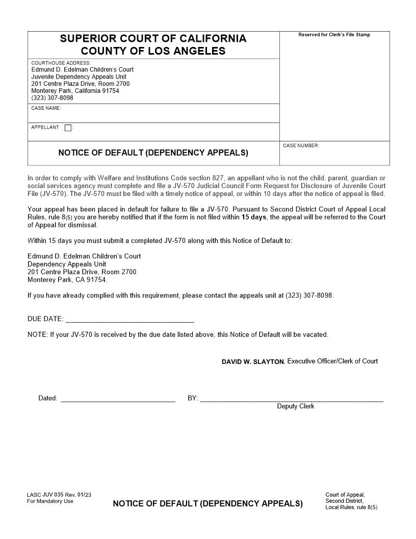 Notice Of Default (Dependency Appeals) {JUV035} | Pdf Fpdf Docx | California