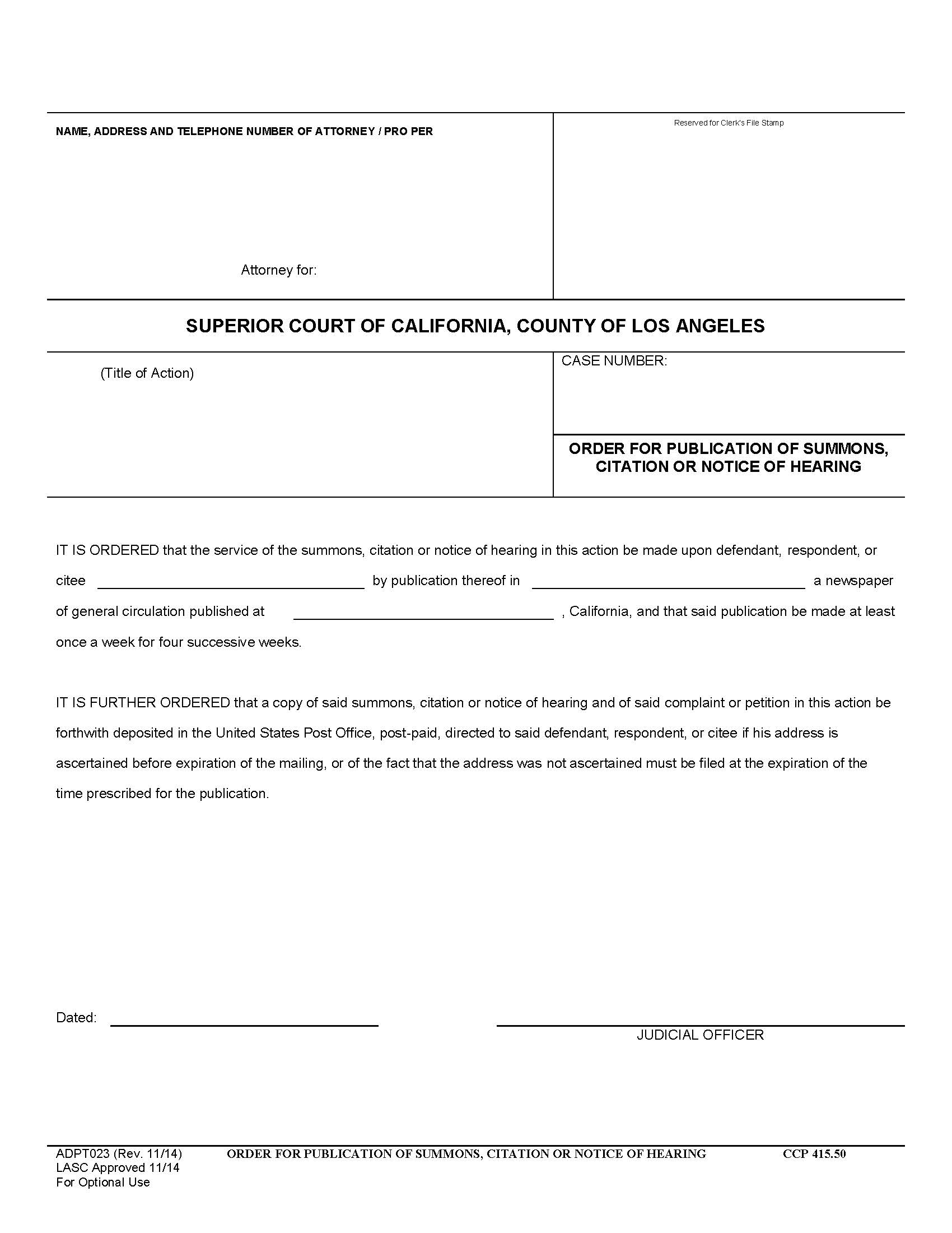 Order For Publication Of Summons Citation Or Notice Of Hearing {ADPT023} | Pdf Fpdf Doc Docx | California