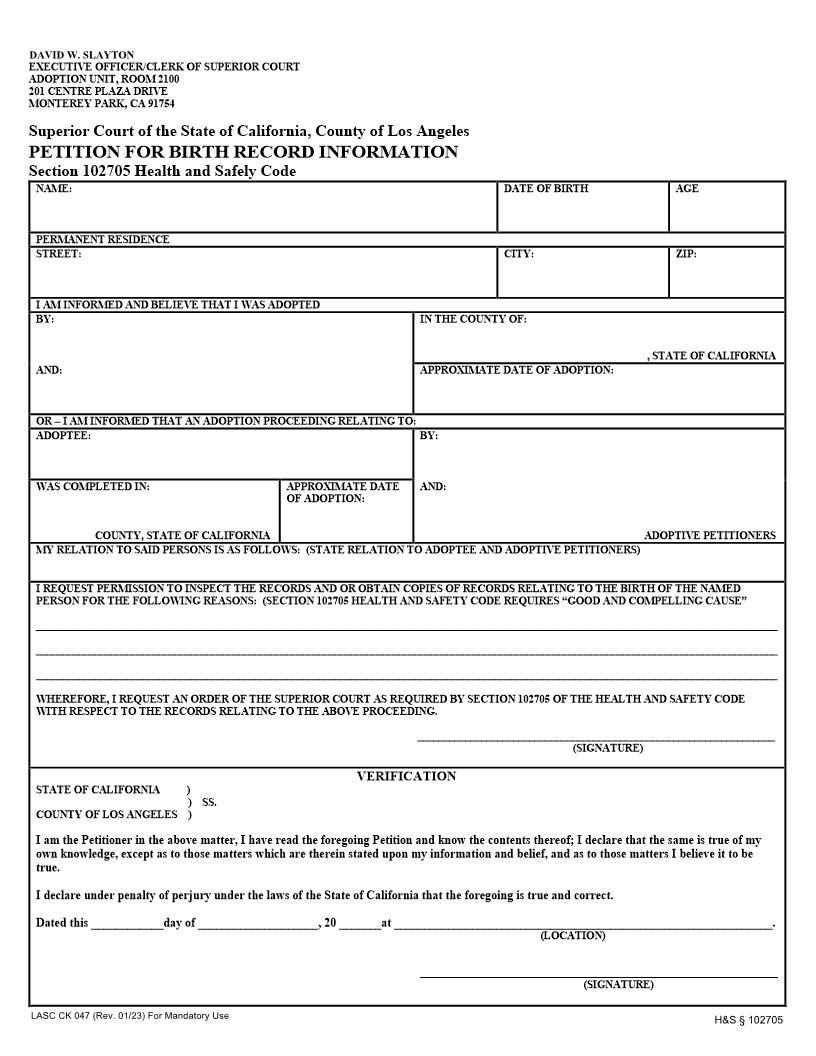 Petition For Birth Record Information {CK047} | Pdf Fpdf Docx | California