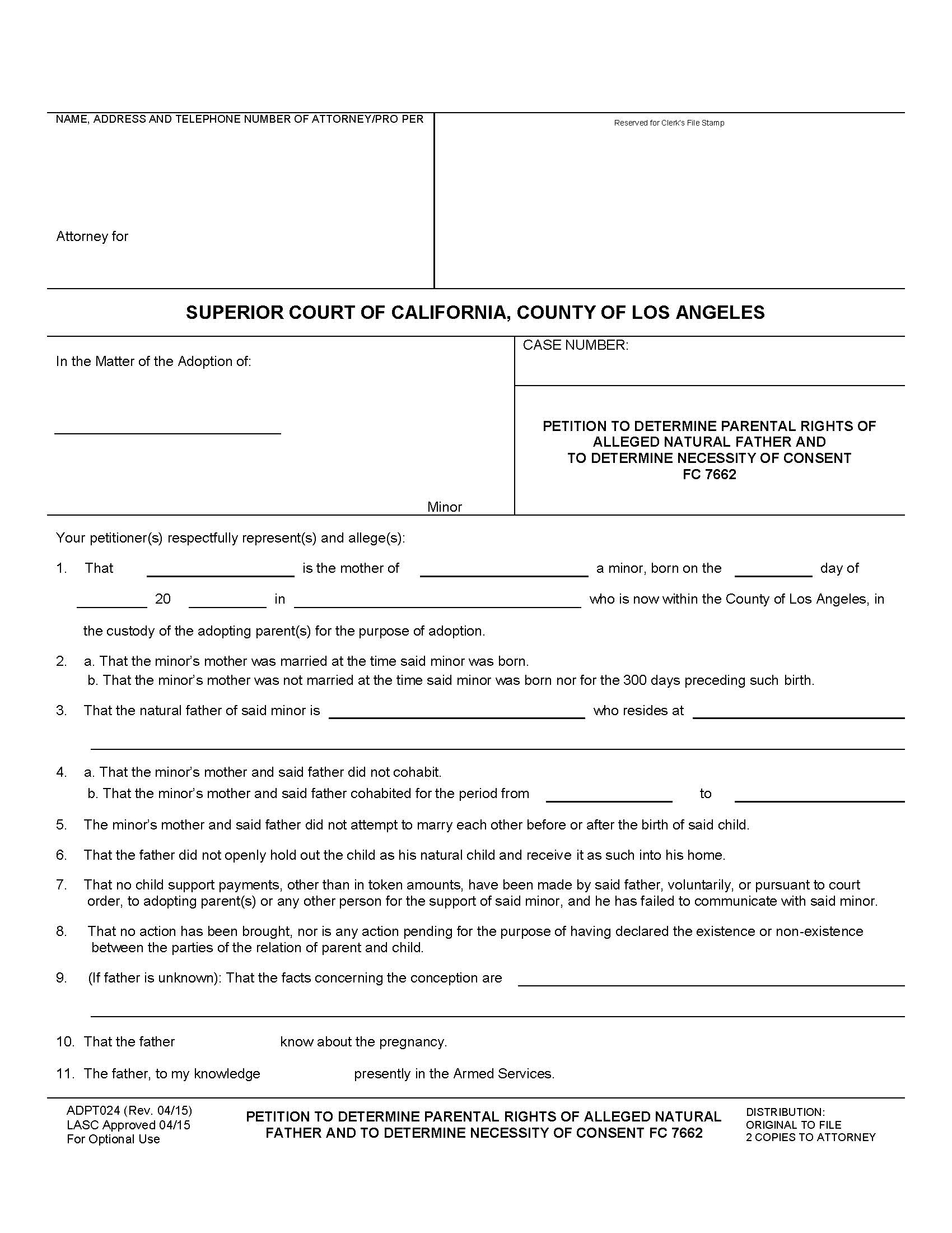 Petition To Determine Parental Rights Of Alleged Natural Father {ADPT024} | Pdf Fpdf Doc Docx | California