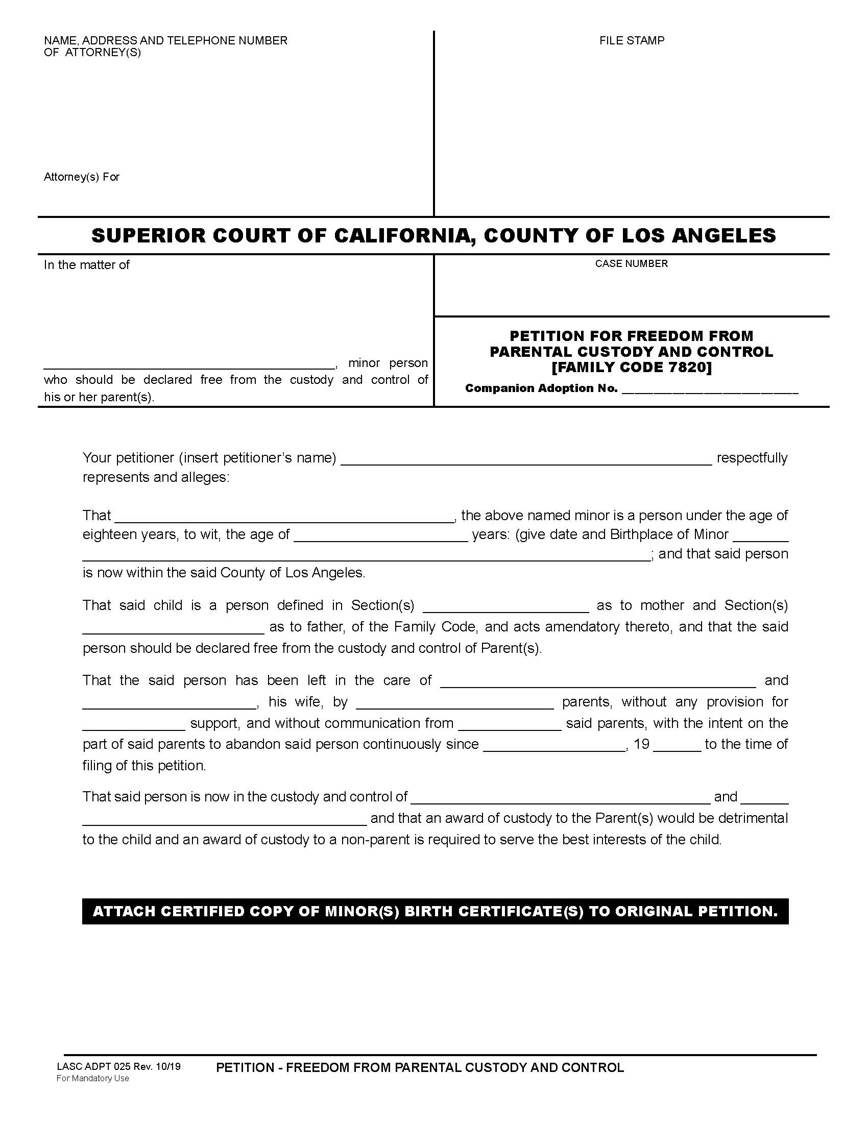 Petition-Freedom From Parental Custody And Control {ADPT025} | Pdf Fpdf Docx | California