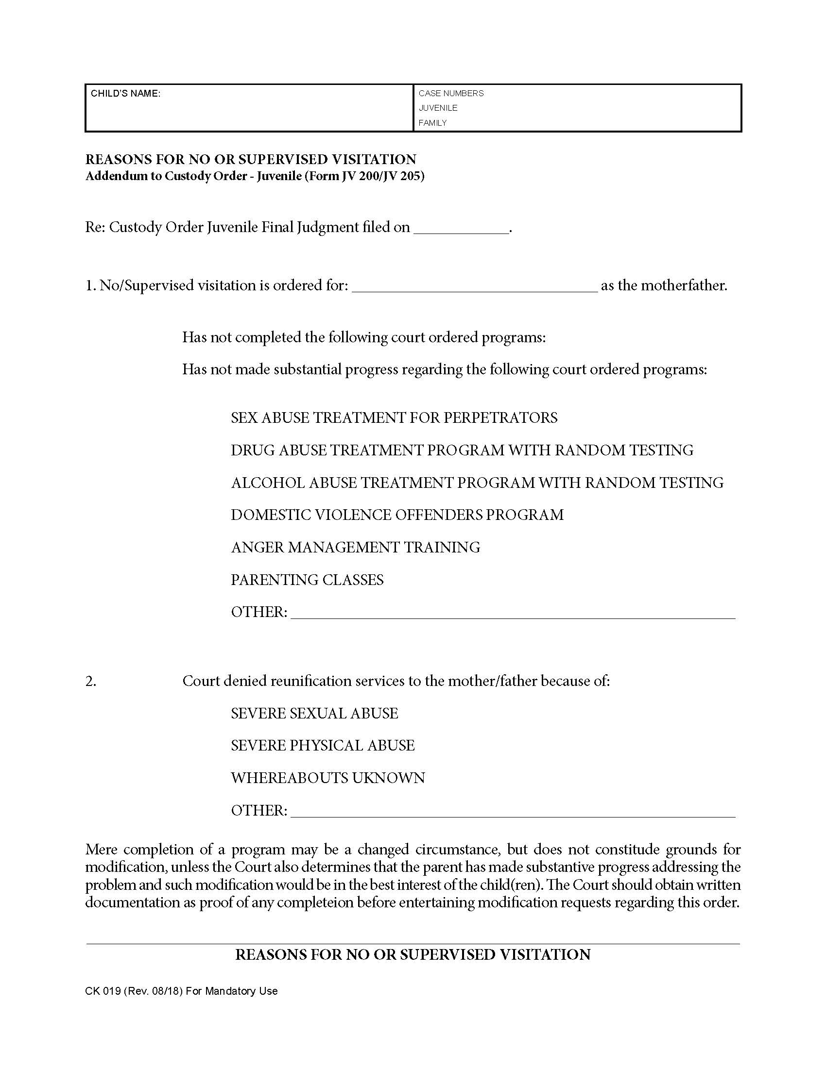 Reasons For No Or Supervised Visitation {CK019} | Pdf Fpdf Docx | California