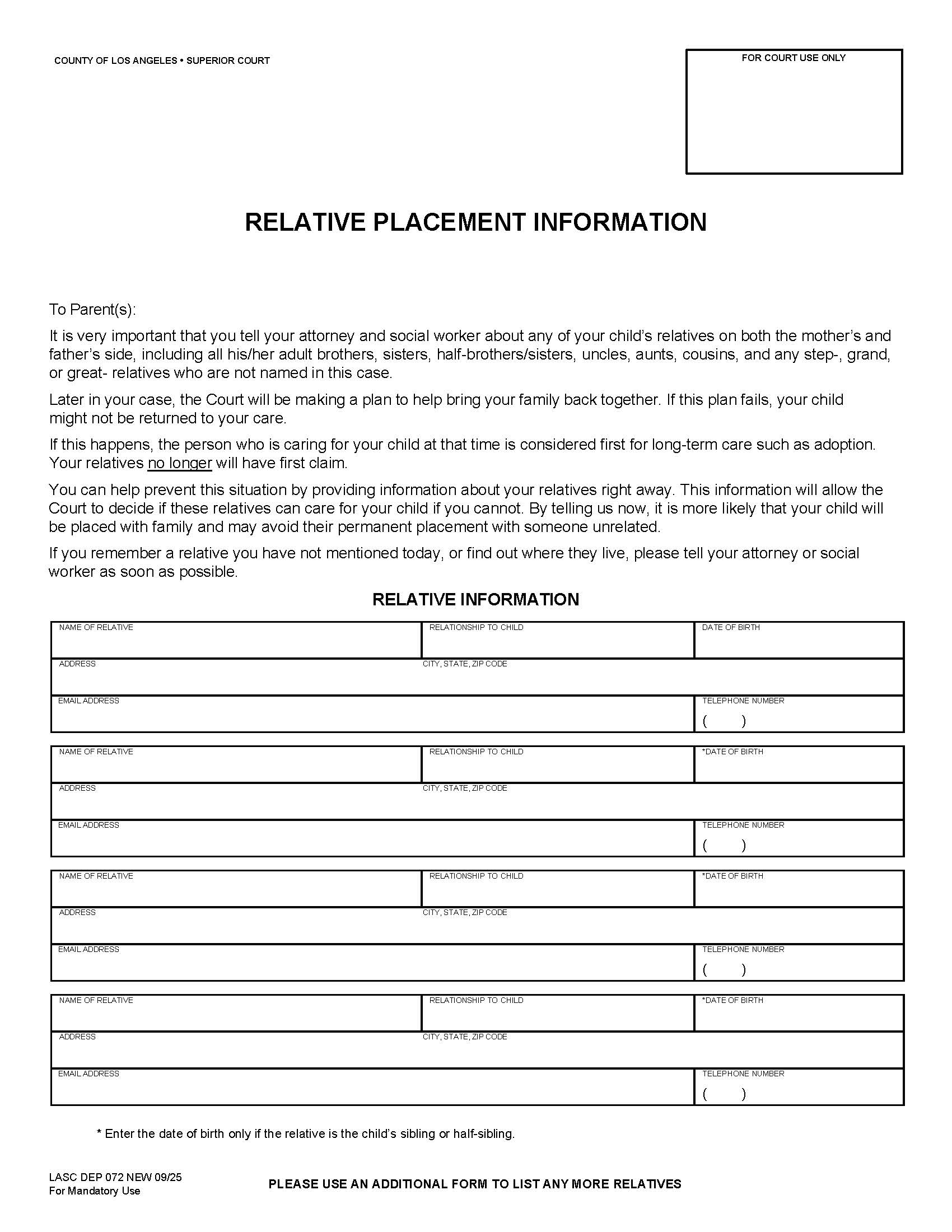 Relative Placement Information {LASC DEP 072} | Pdf Fpdf Docx | California