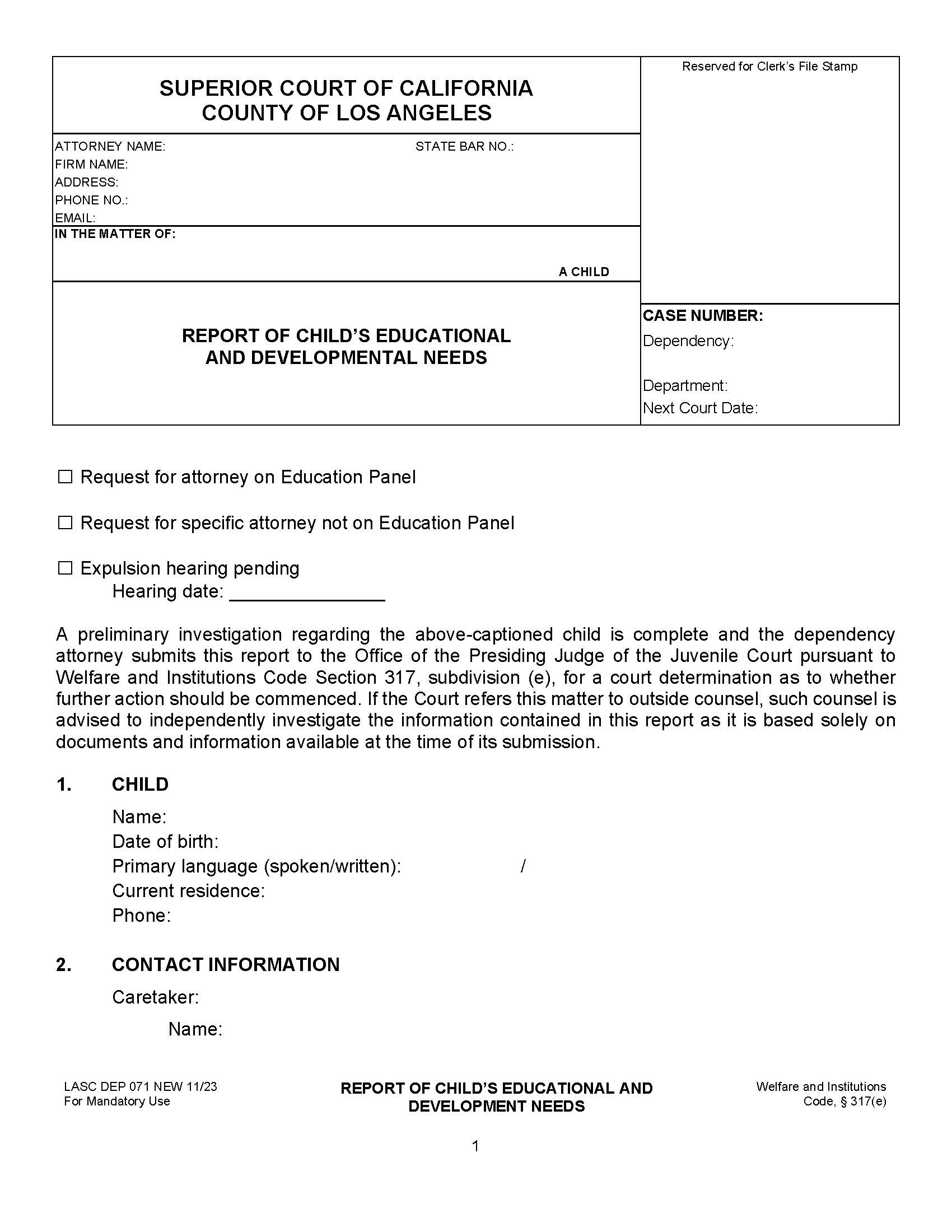 Report Of Childs Educational And Developmental Needs {DEP 071} | Pdf Fpdf Docx | California