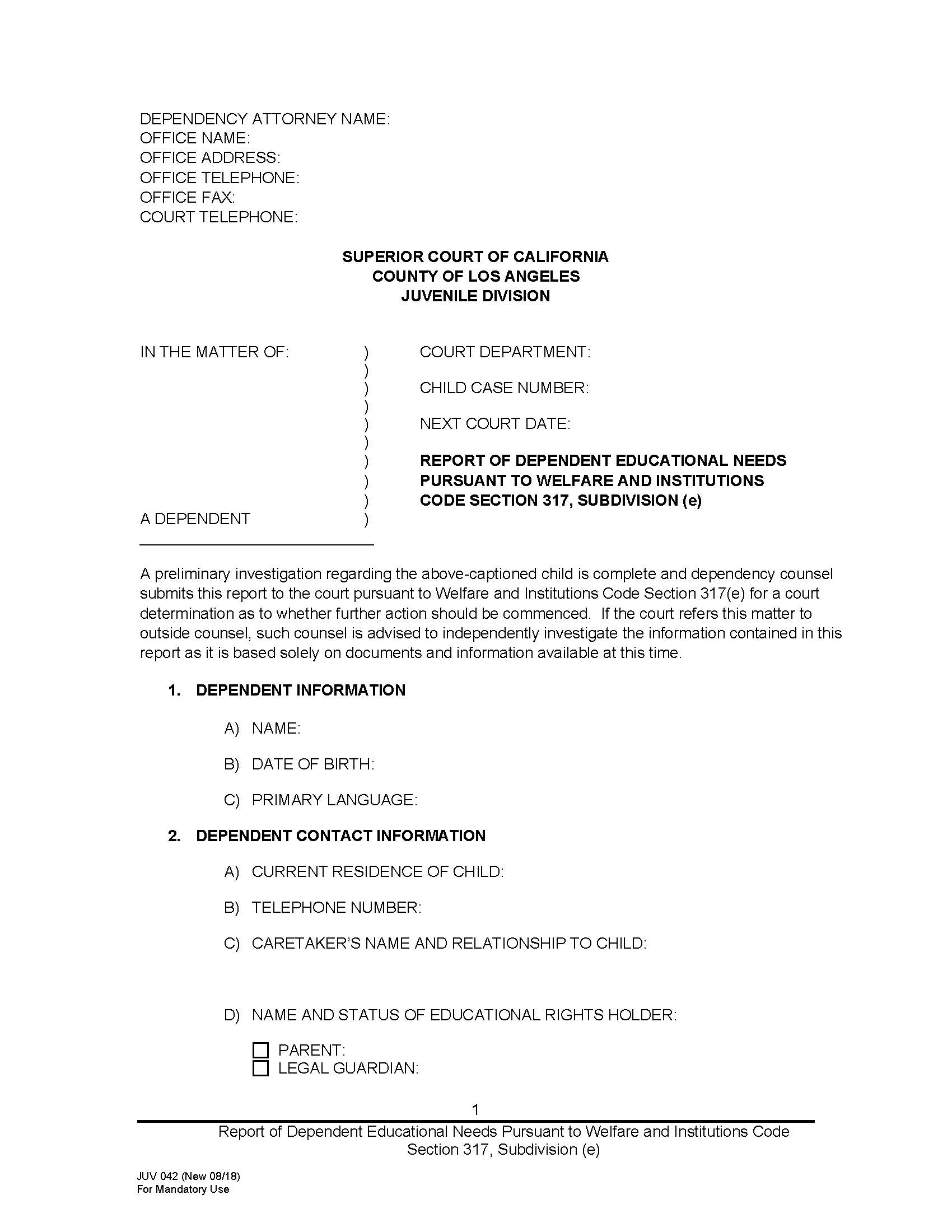 Report Of Dependent Educational Needs Pursuant To WIC 317 Subdivision(e) {JUV042} | Pdf Fpdf Docx | California