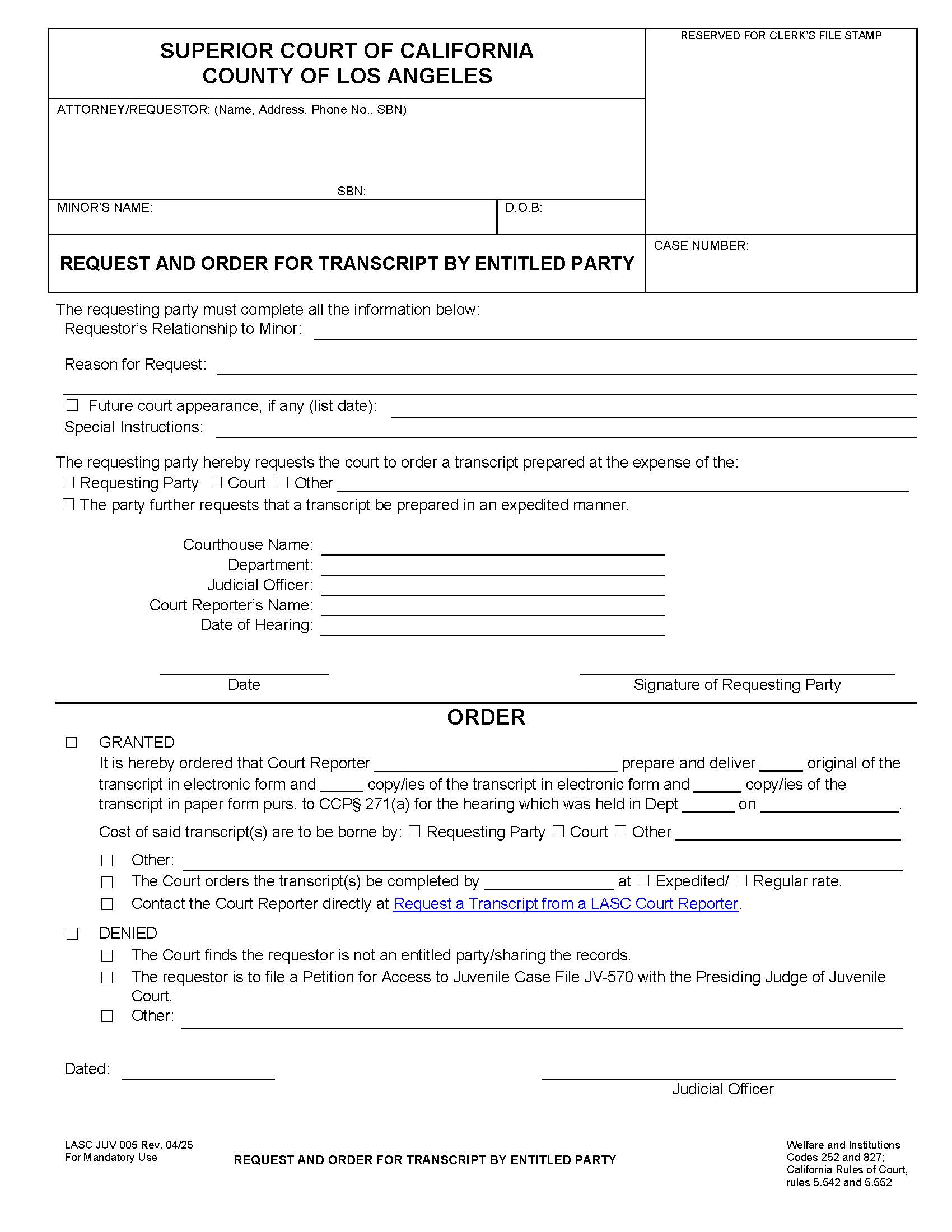 Request And Order For Transcrip By Entitled Party {LASC JUV 005} | Pdf Fpdf Docx | California