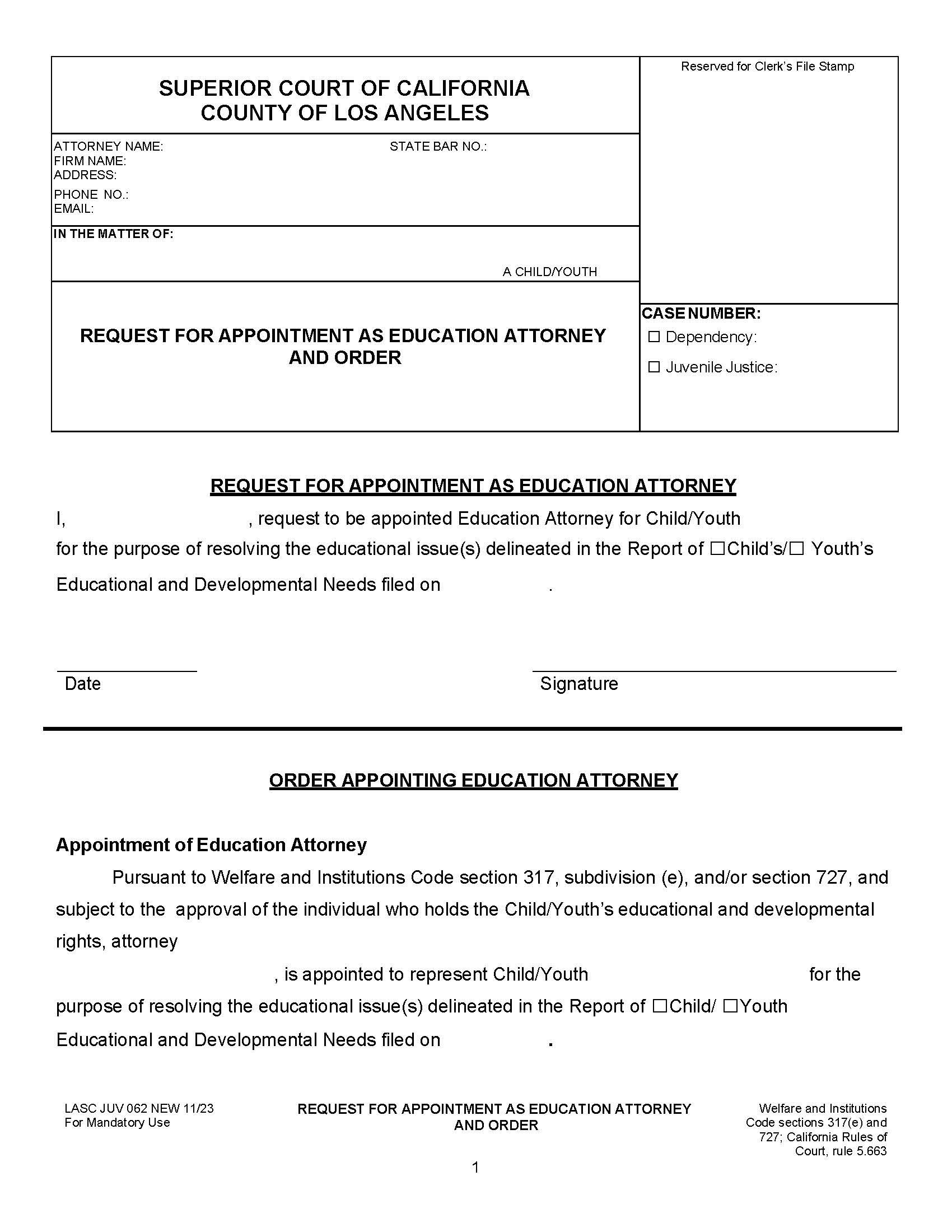 Request For Appointment As Education Attorney And Order {JUV 062} | Pdf Fpdf Docx | California