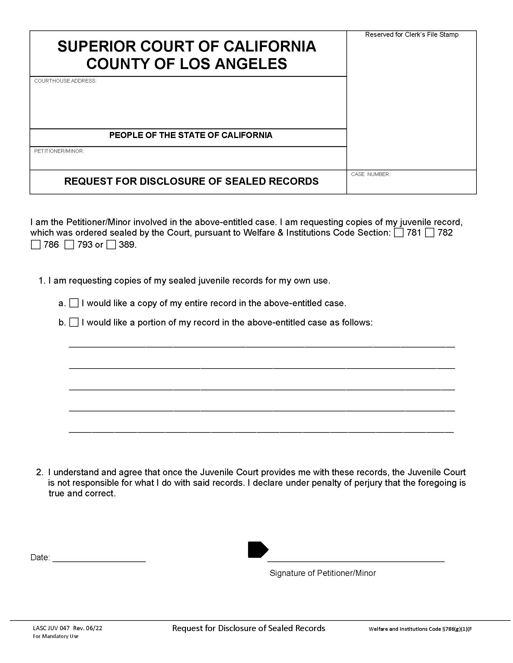 Request For Disclosure Of Sealed Records {JUV047} | Pdf Fpdf Docx | California