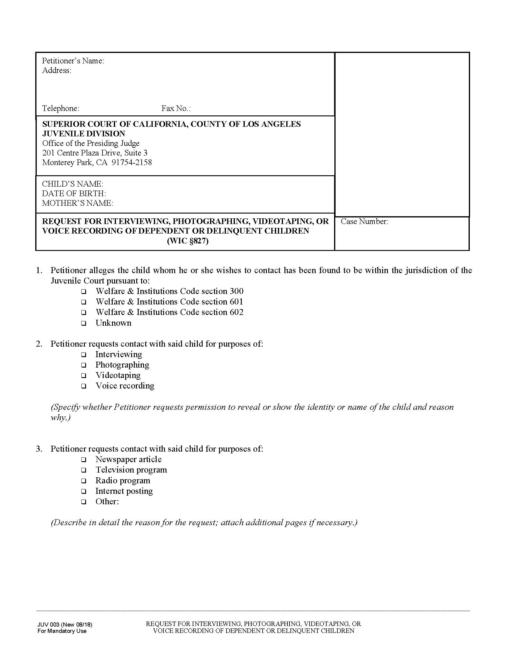 Request For Interviewing Photographing Videotapling Or Voice Recording Of Dependent {JUV003} | Pdf Fpdf Docx | California
