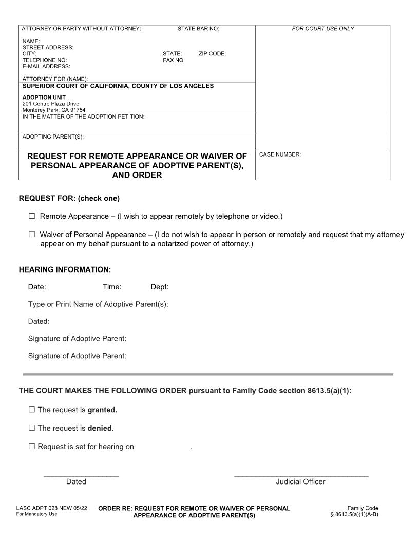 Request For Remote Appearance Or Waiver Of Personal Appearance Of Adoptive Parent(s) {ADPT028} | Pdf Fpdf Docx | California