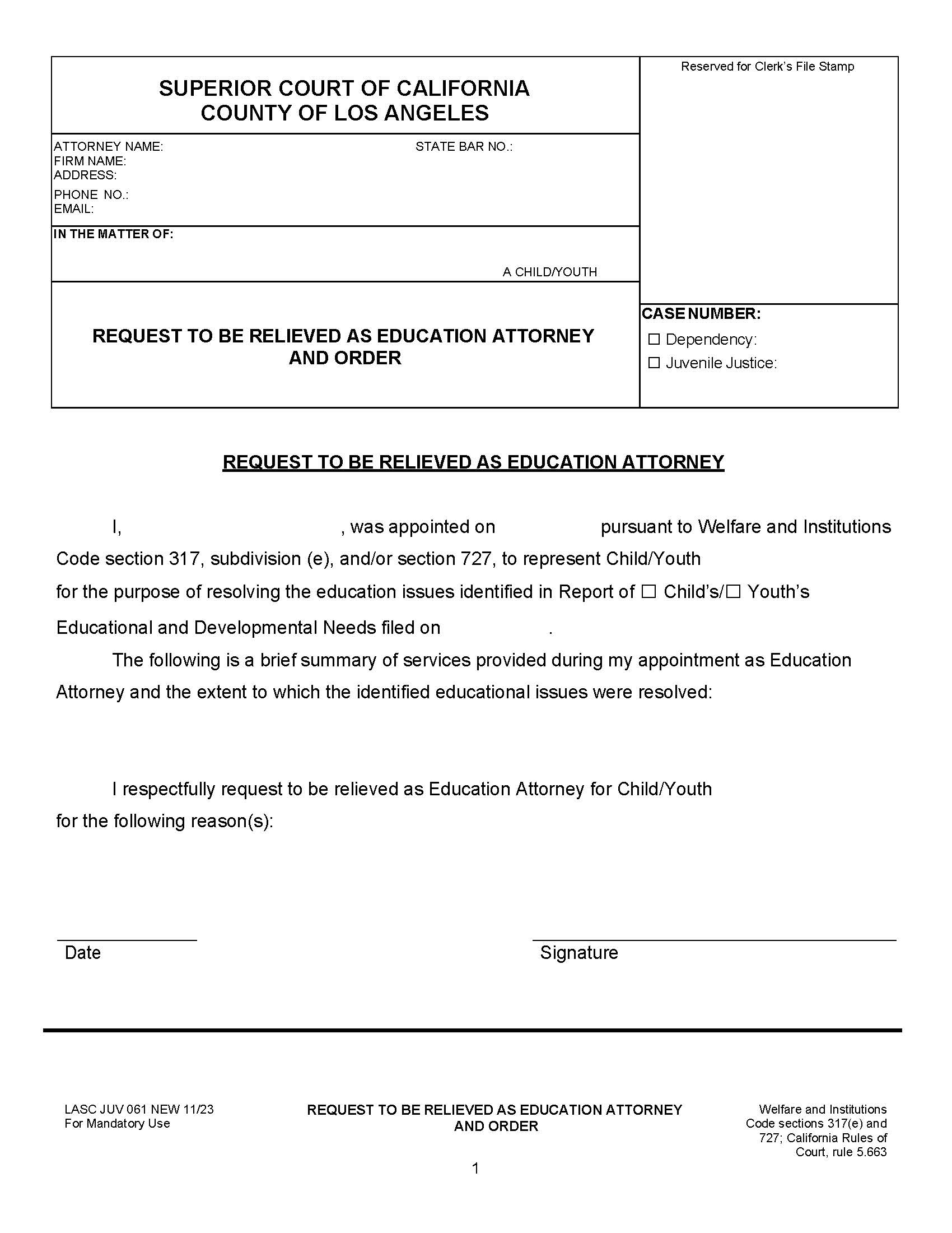 Request To Be Relieved As Education Attorney And Order {JUV 061} | Pdf Fpdf Docx | California