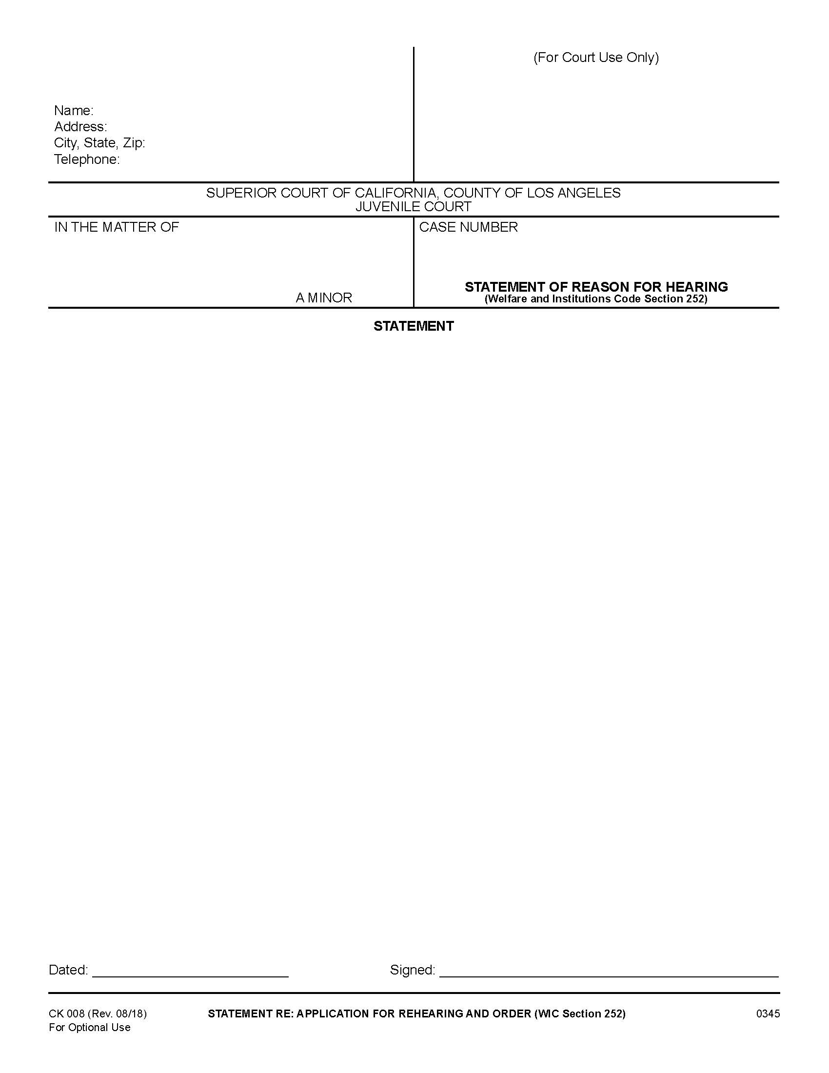 Statement Re Application For Rehearing And Order (WIC Section 252) {CK008} | Pdf Fpdf Docx | California
