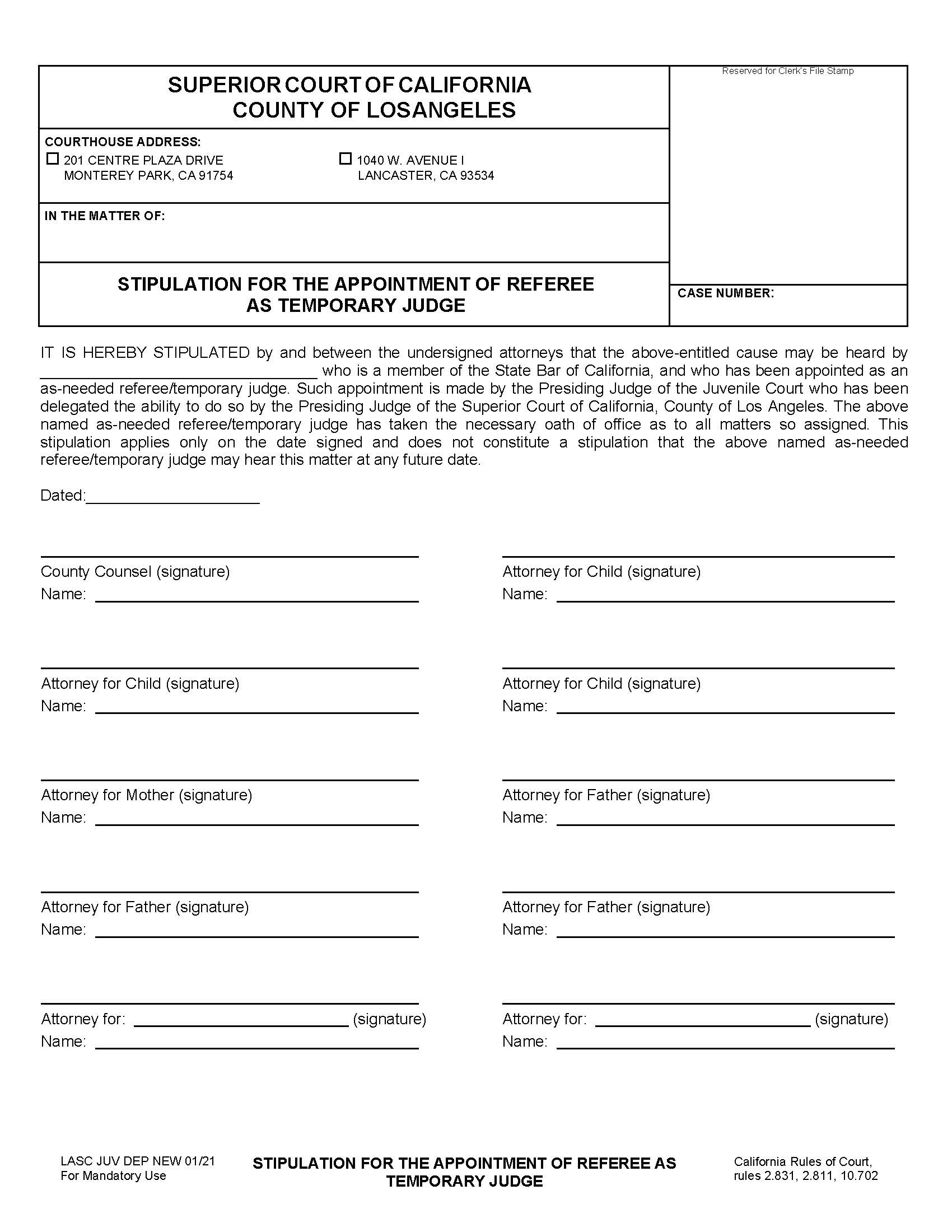 Stipulation For Appointment Of Referee As Temporary Judge {DEP061} | Pdf Fpdf Docx | California