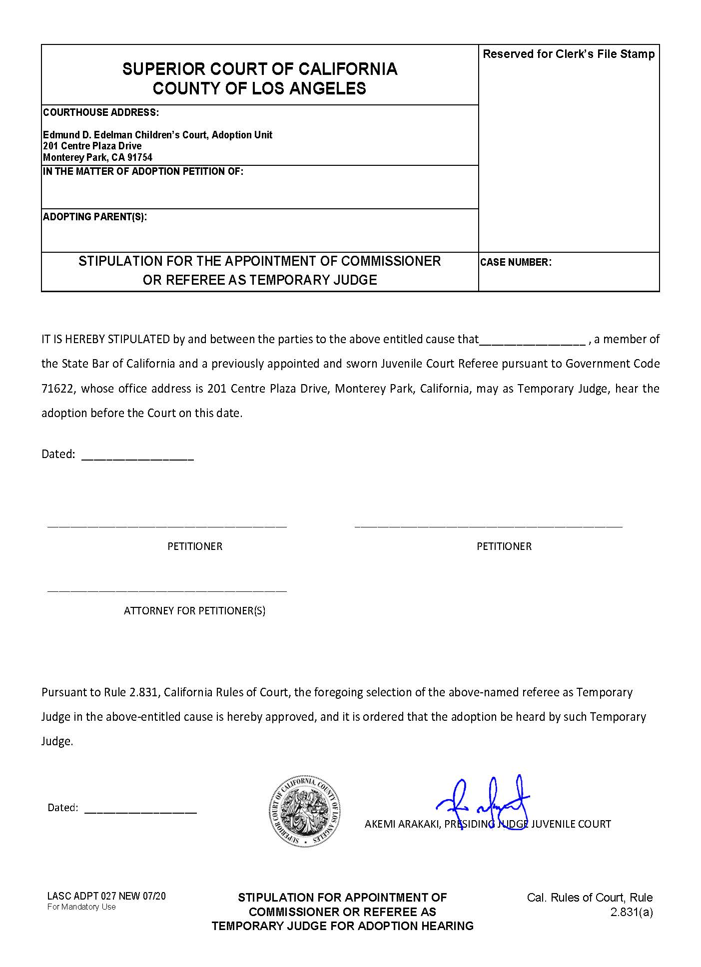 Stipulation For The Appointment Of Commissioner Or Referee As Temporary Judge {ADPT027} | Pdf Fpdf Docx | California