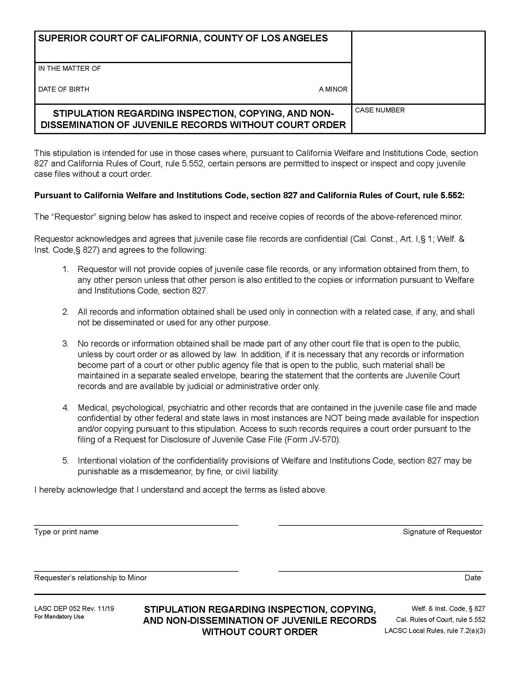 Stipulation Regarding Inspection Copying And Non-Dissemination Of Juvenile Records {DEP052} | Pdf Fpdf Docx | California