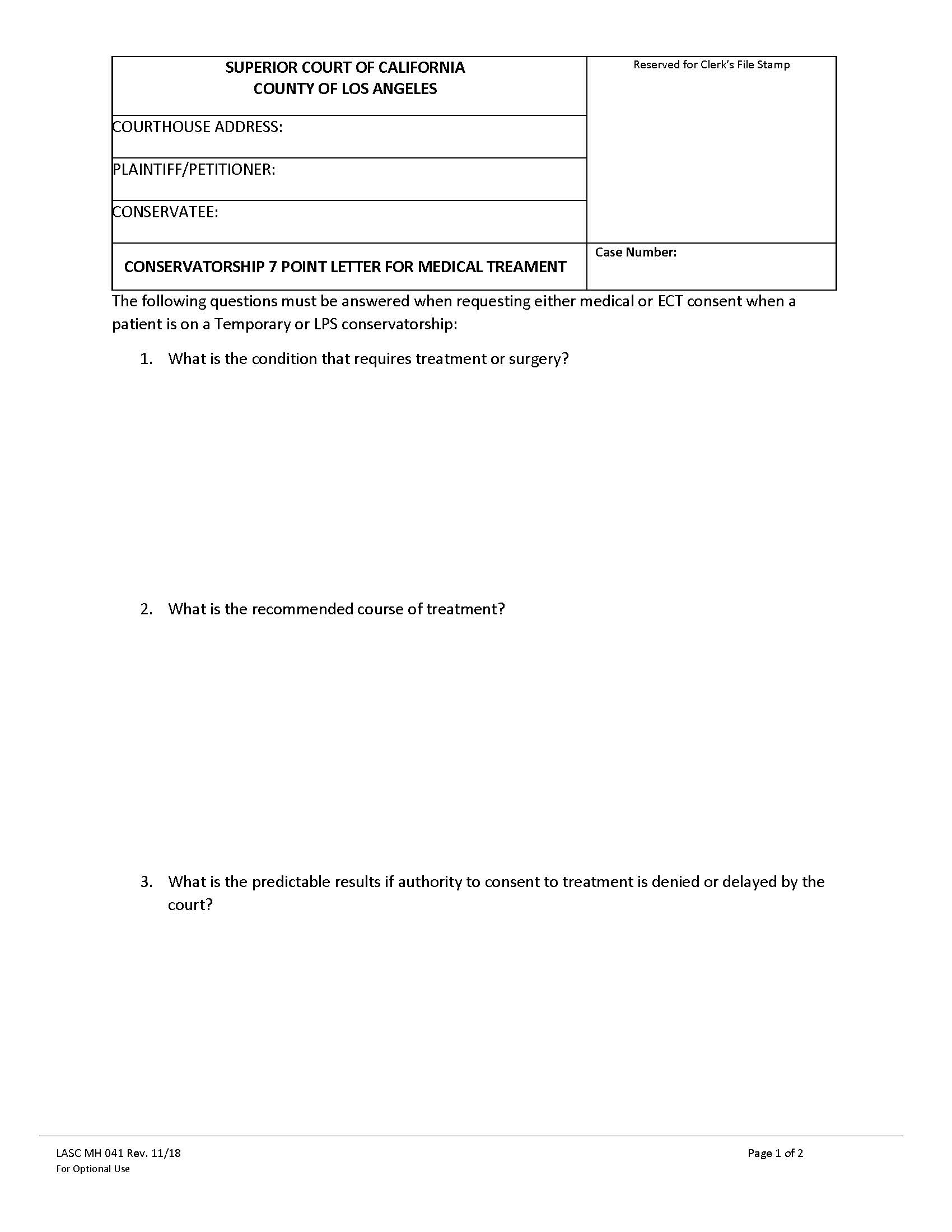 Conservatorship 7 Point Letter for Medical Treatment {MH041} | Pdf Fpdf Docx | California
