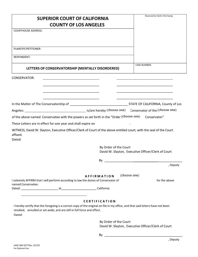 Letters Of Conservatorship (Mentally Disordered) {MH027} | Pdf Fpdf Docx | California