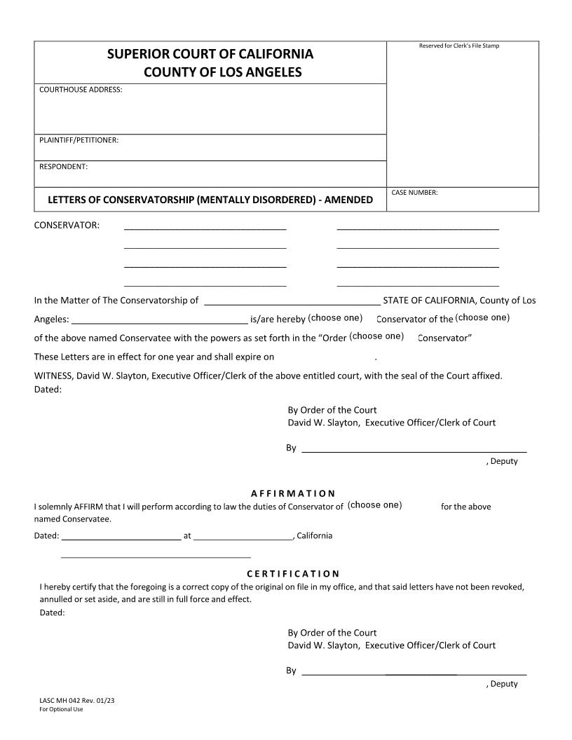 Letters Of Conservatorship (Mentally Disordered-Amended) {MH042} | Pdf Fpdf Docx | California