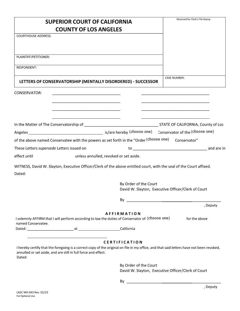 Letters Of Conservatorship (Mentally Disordered-Successor) {MH043} | Pdf Fpdf Docx | California