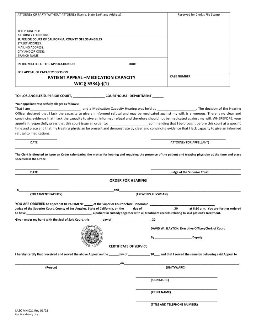 Medication Capacity Appeal {MH021} | Pdf Fpdf Docx | California