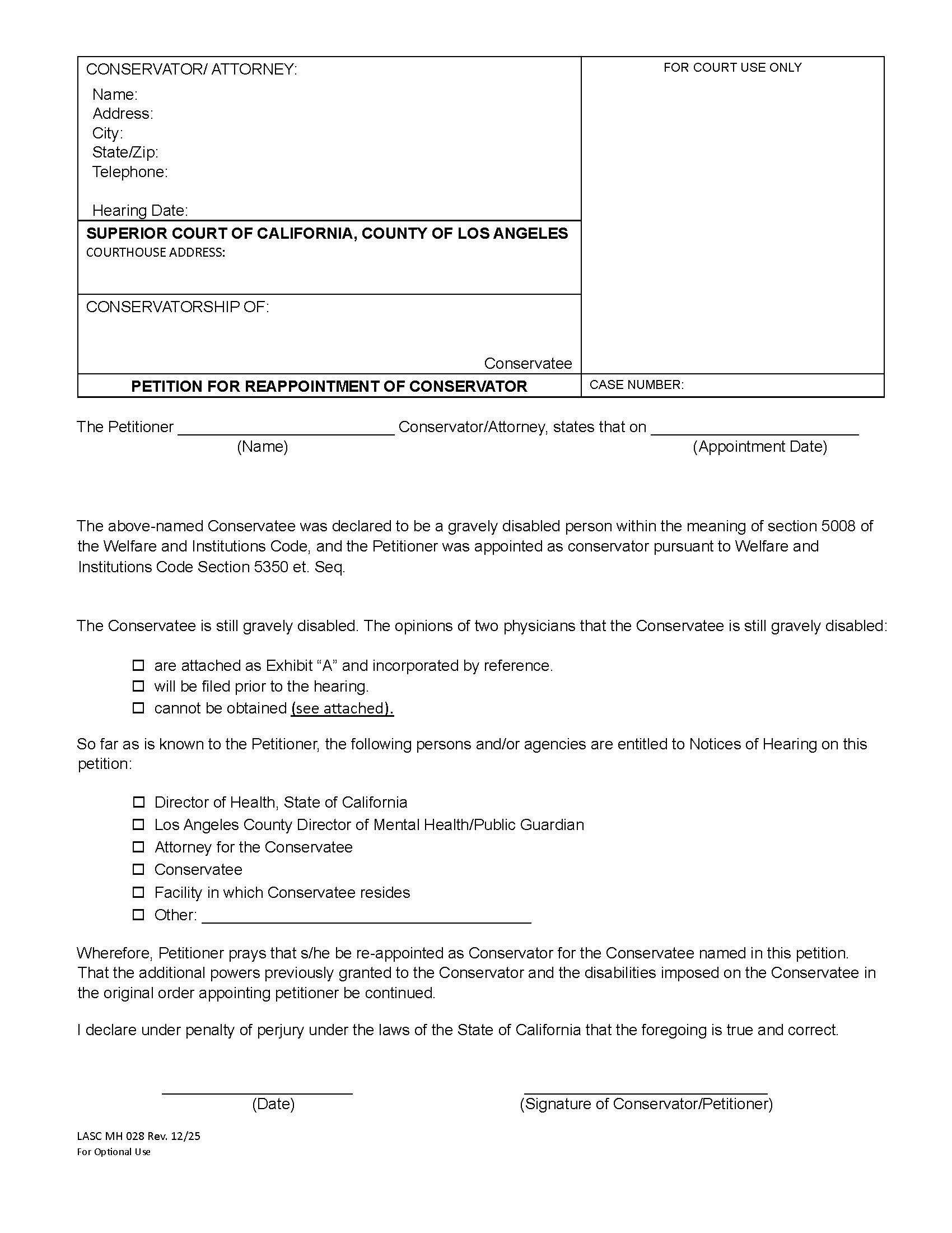 Petition For Reappointment Of Conservator {MH028} | Pdf Fpdf Docx | California