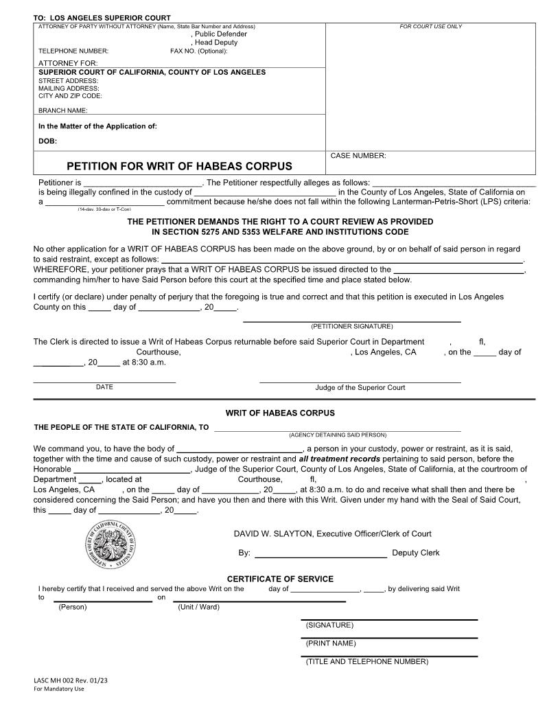 Petition For Writ Of Habeas Corpus {MH002} | Pdf Fpdf Docx | California