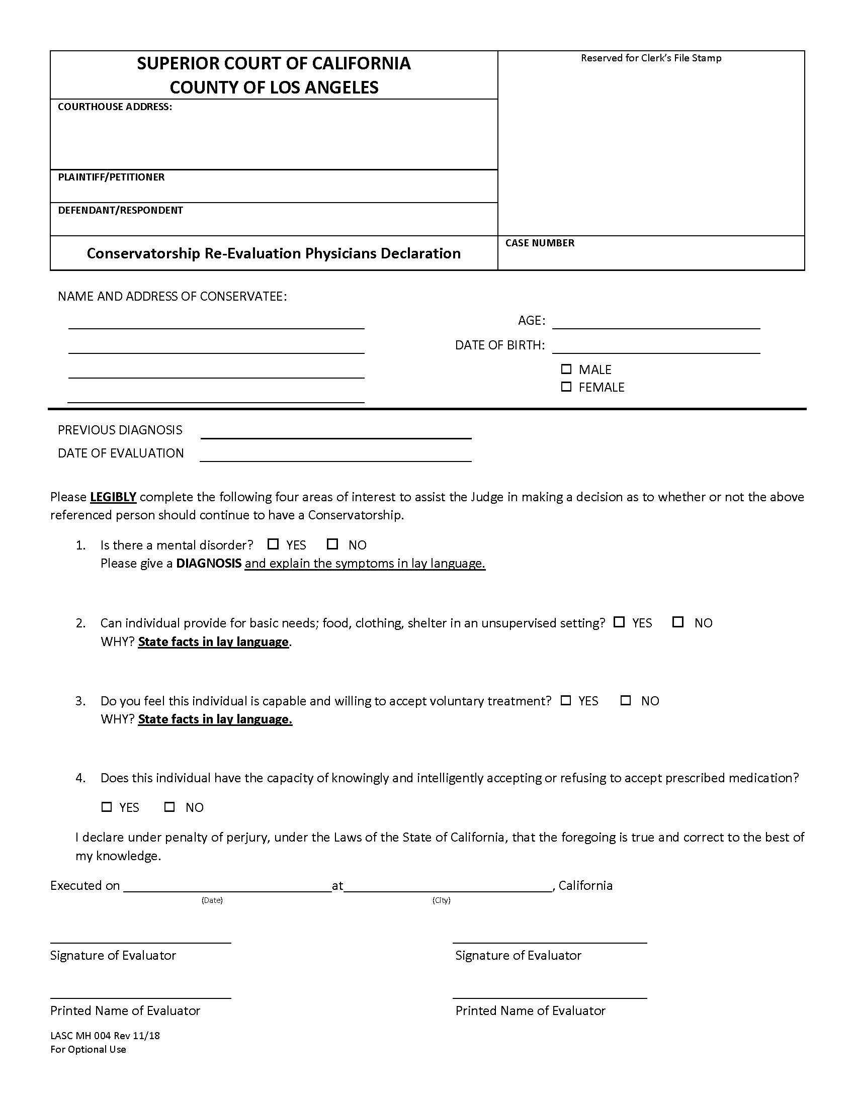 Physicians Declaration Petition For Writ Of Habeas Corpus {MH004} | Pdf Fpdf Docx | California