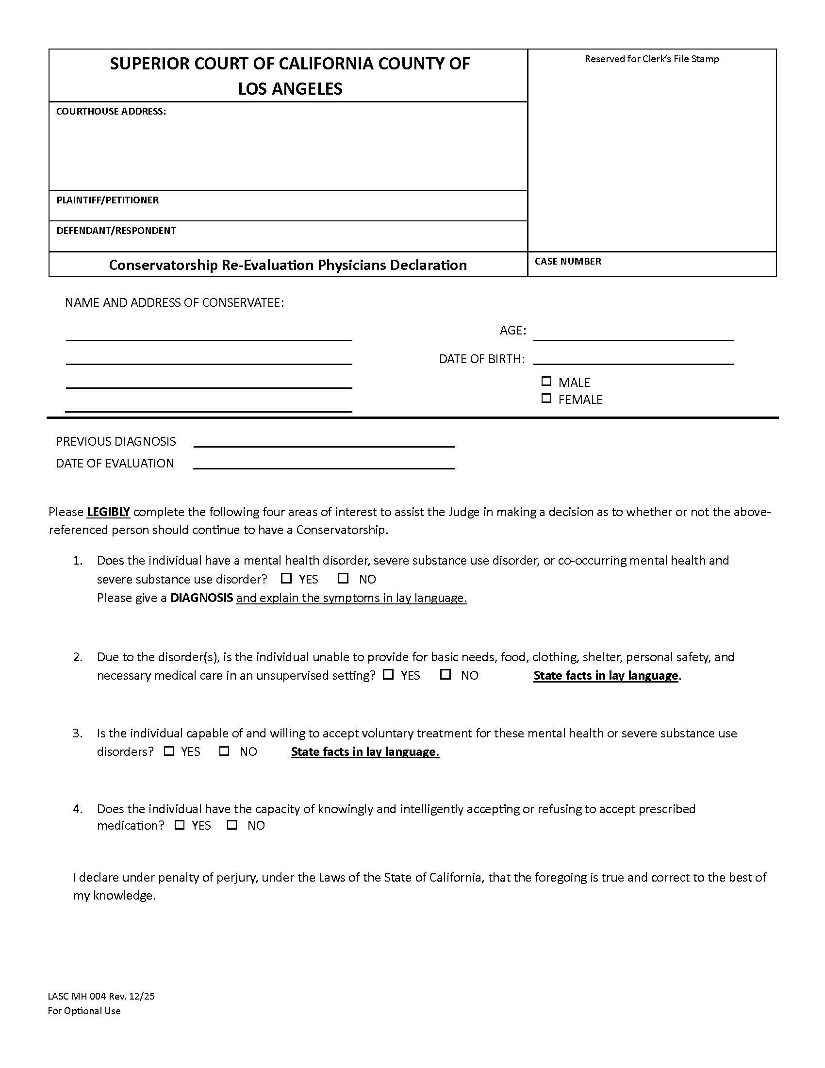 Physicians Declaration Petition For Writ Of Habeas Corpus {MH004} | Pdf Fpdf Docx | California