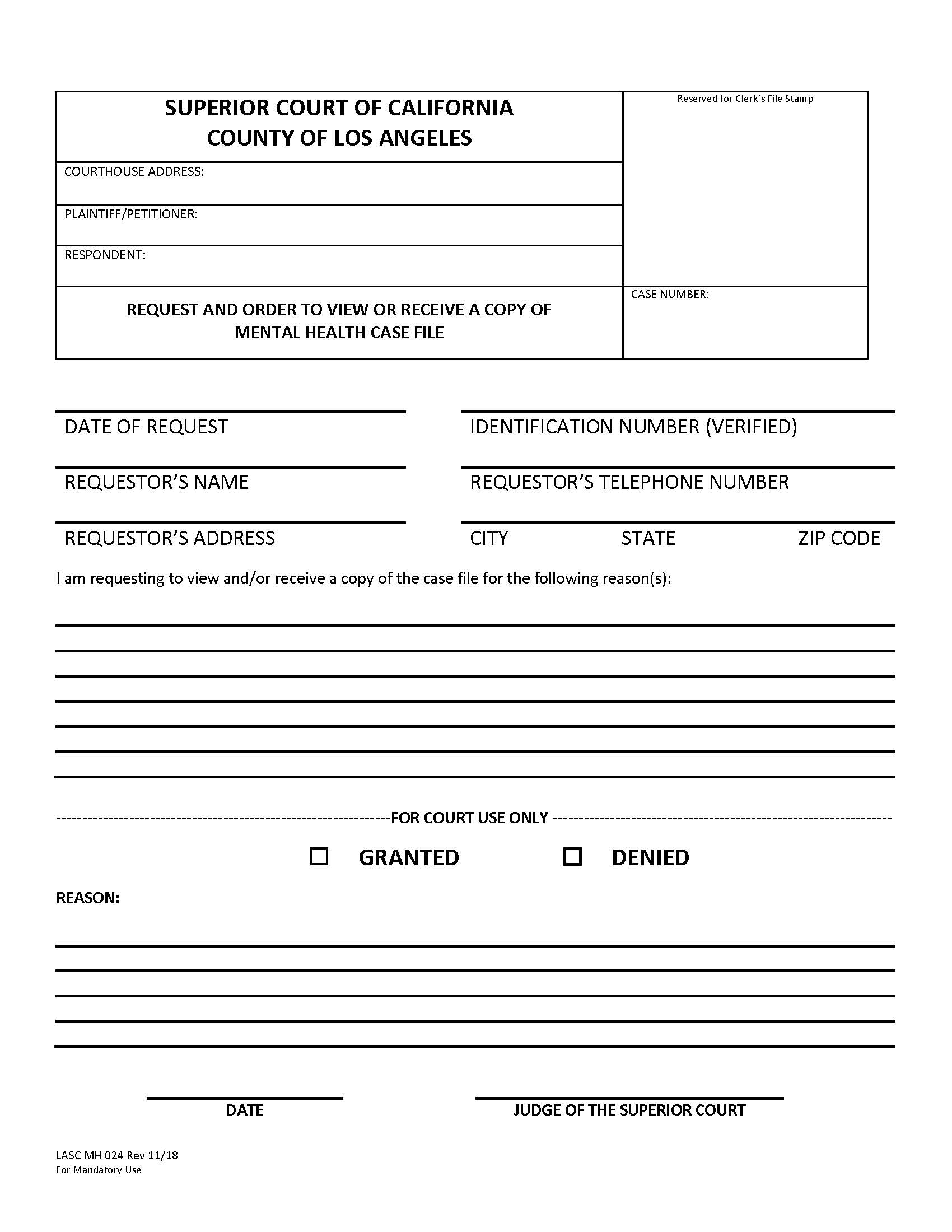 Request And Order To View Or Receive A Copy Of Mental Health Case File {MH024} | Pdf Fpdf Docx | California