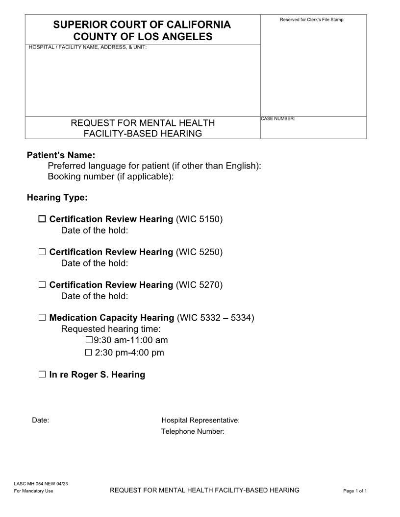 Request For Mental Health Facility-Based Hearing {MH054} | Pdf Fpdf Docx | California
