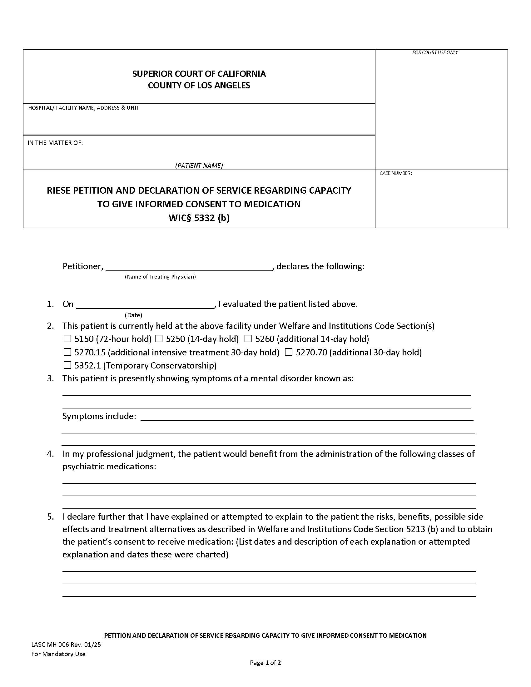 Riese Petition And Declaration Of Service Regarding Capacity To Give Informed Consent {LASC MH 006} | Pdf Fpdf Docx | California