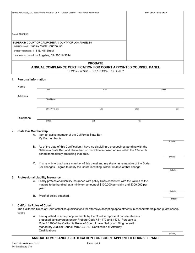 Annual Compliance Certification For Probate Appointed Counsel Attorneys {PRO058} | Pdf Fpdf Docx | California