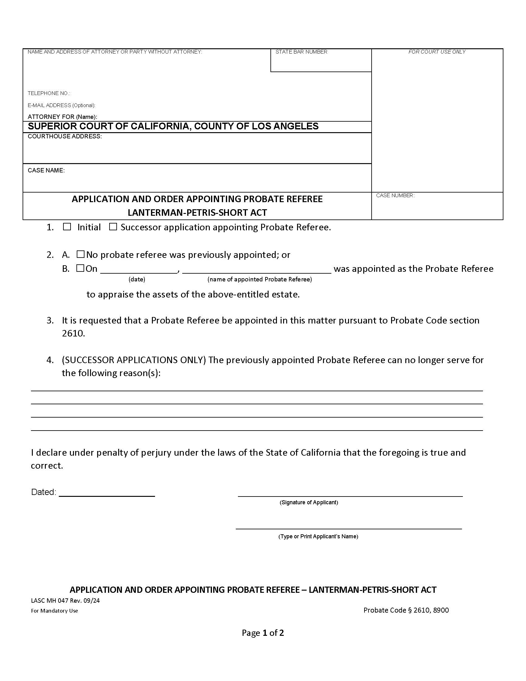 Application And Order Appointing Probate Referee {MH047} | Pdf Fpdf Docx | California